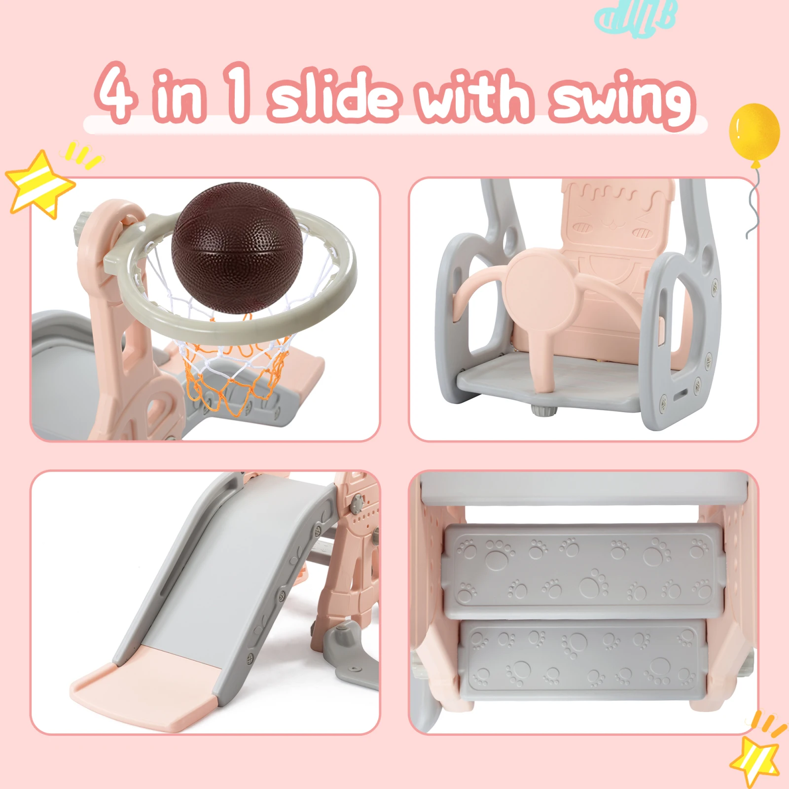 Rosahqnda Scivolo per bambini, 4 in 1, altalena + supporto da basket + scala, adatto per 1~3 anni, scivolo per interni ed esterni