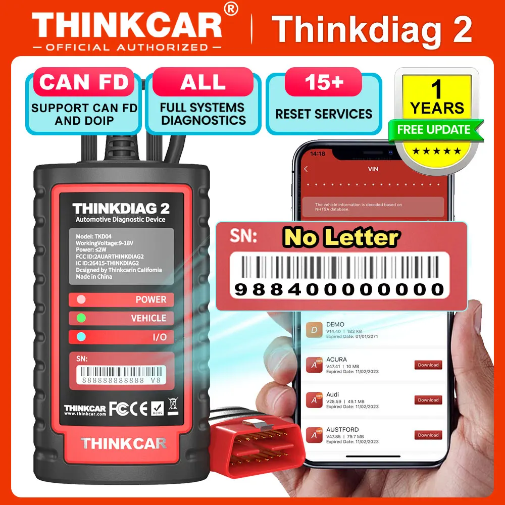 THINKCAR Thinkdiag 2 OBD2 Scanner prend en charge les protocoles CAN FD adaptés aux marques de voitures GM logiciel complet gratuit 16 fonctions de réinitialisation Code ECU