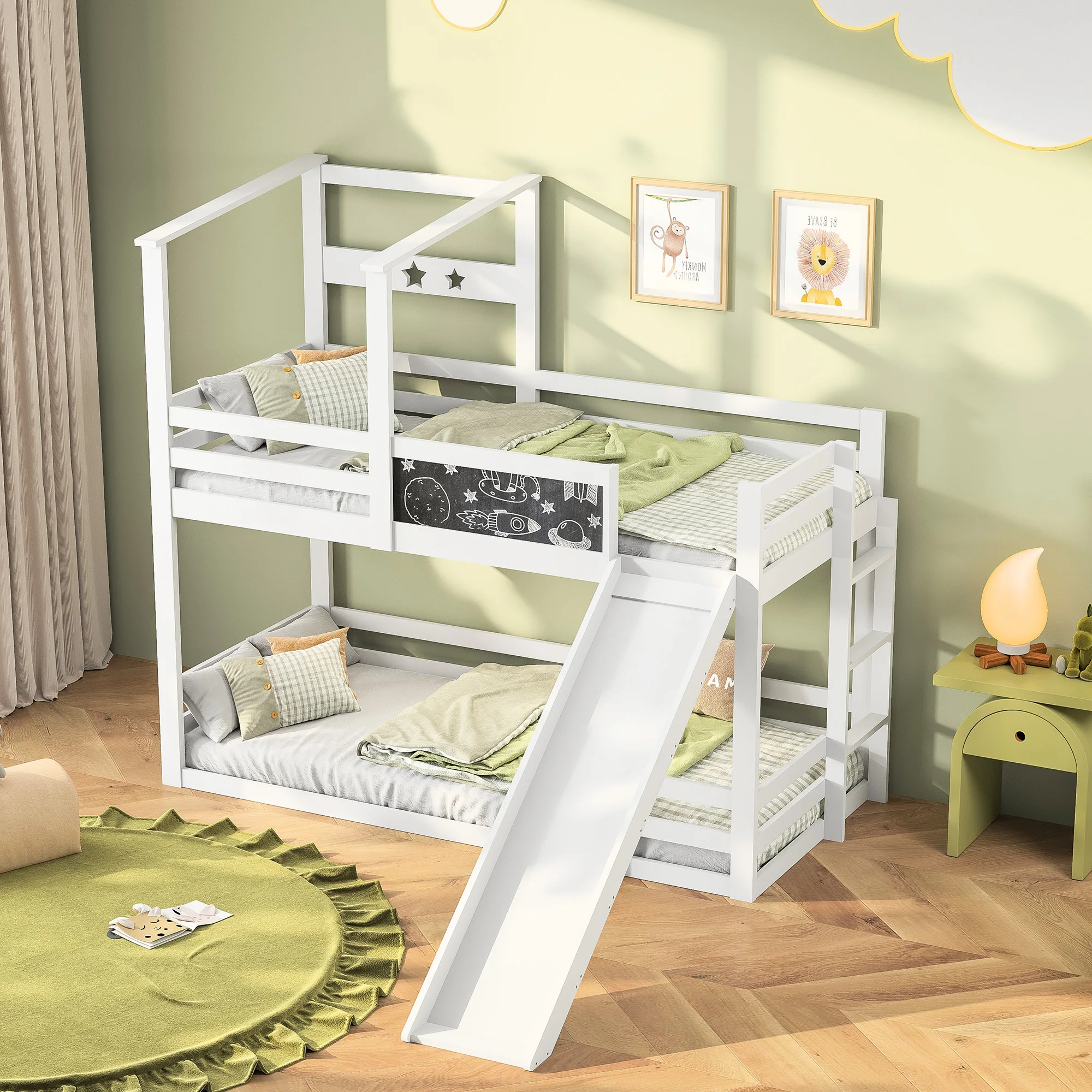 Letto a castello Rosahqnda per 2 bambini, lettino per bambini con scivolo, scala e lavagna, lettino per bambini in legno massello con protezione anti-out