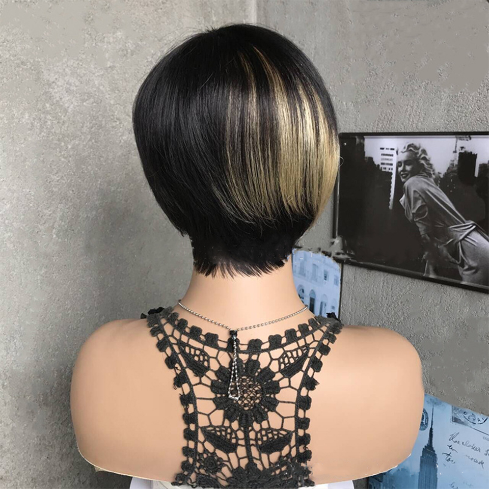 Peluca de corte Pixie ombré con flequillo, cabello humano virgen brasileño, pelucas hechas en Mahine, estilo Bob corto y recto para mujer