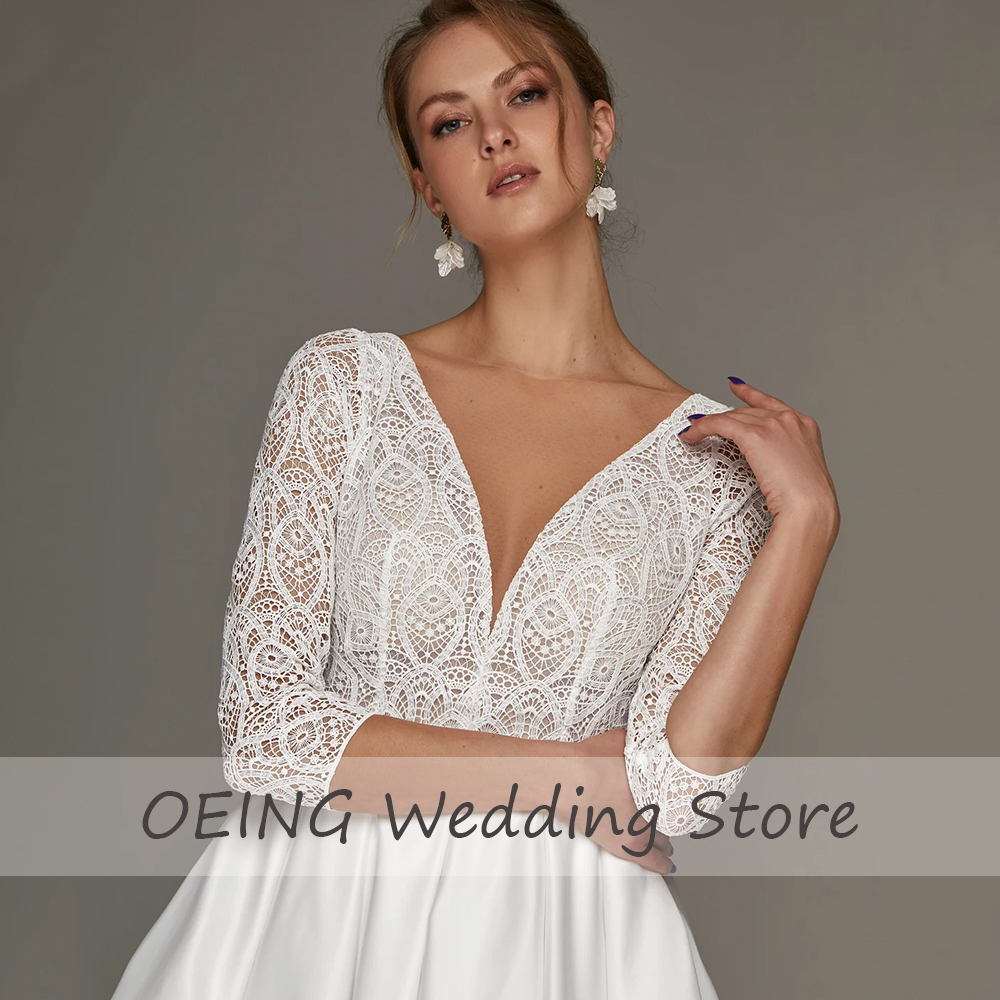 Kurze Hochzeit Kleid Spitze V-ausschnitt 3/4 Ärmeln Midi Hochzeit Kleid 2023 Weiß Satin Tee Länge EINE Linie Einfache Braut kleider für Frauen