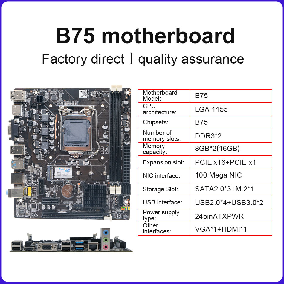 ENVINDA B75 เมนบอร์ดLGA 1155 Dual Channel DDR3 หน่วยความจําSATA III USB 3.0 สําหรับIntel Core i7 i5 i3 Xeon CPU B75 เมนบอร์ด