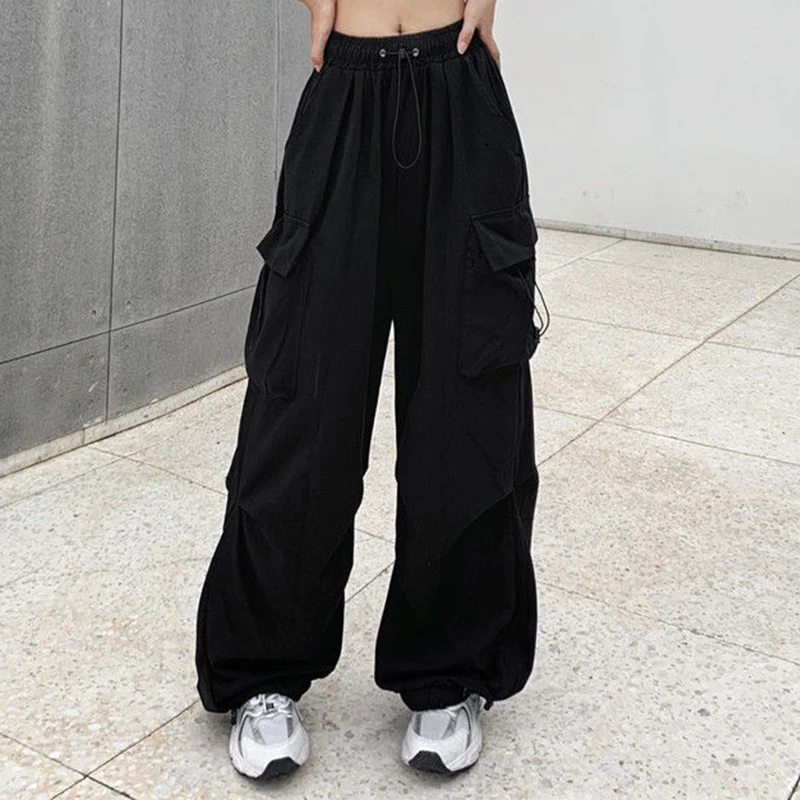 2024 mujeres Casual Joggers Tech pantalones sólidos pantalones de cintura baja cordón pierna ancha pantalones holgados Y2k ropa de calle pantalones de chándal de gran tamaño