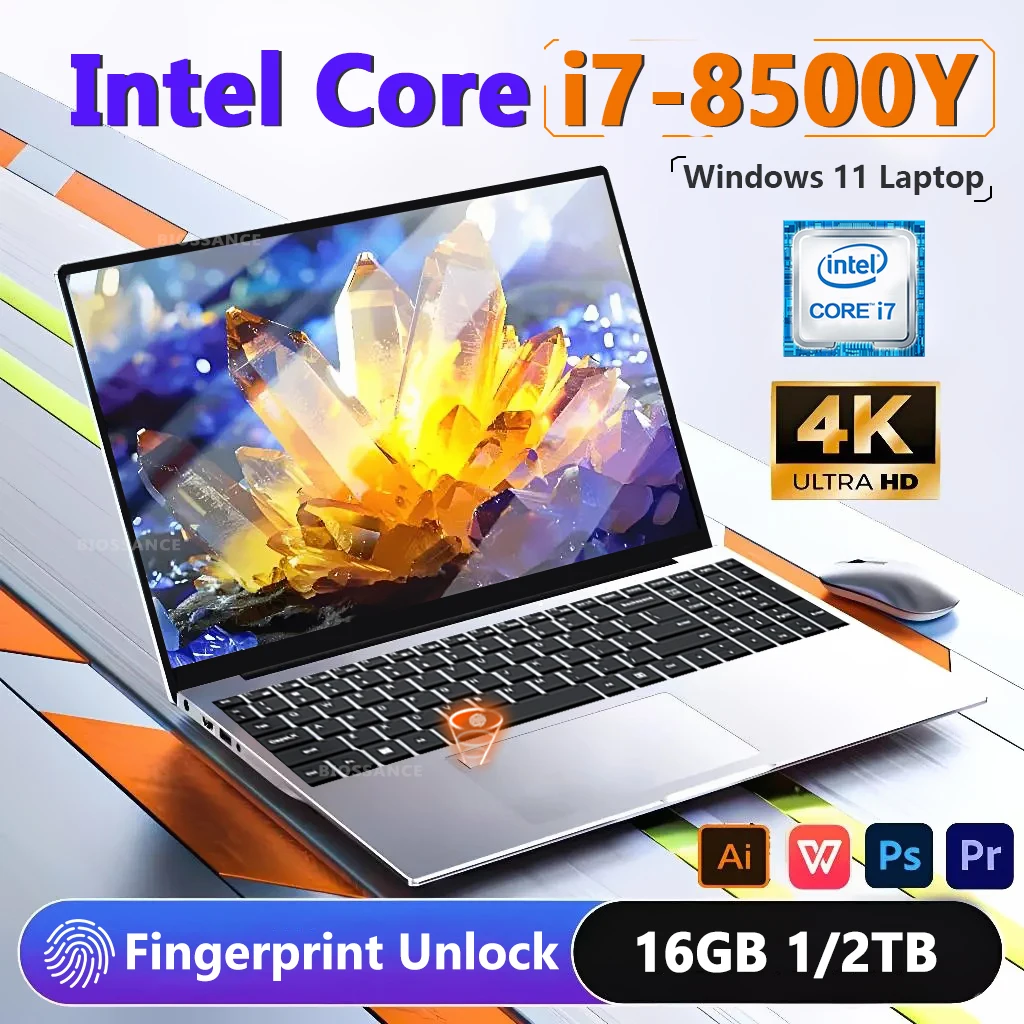 Laptop da 15,6" Windows 11 Laptop Intel Core i7 8500Y 16 GB di RAM 1 TB 2 TB SSD Sblocco impronte digitali 4K Studio Computer da ufficio PC