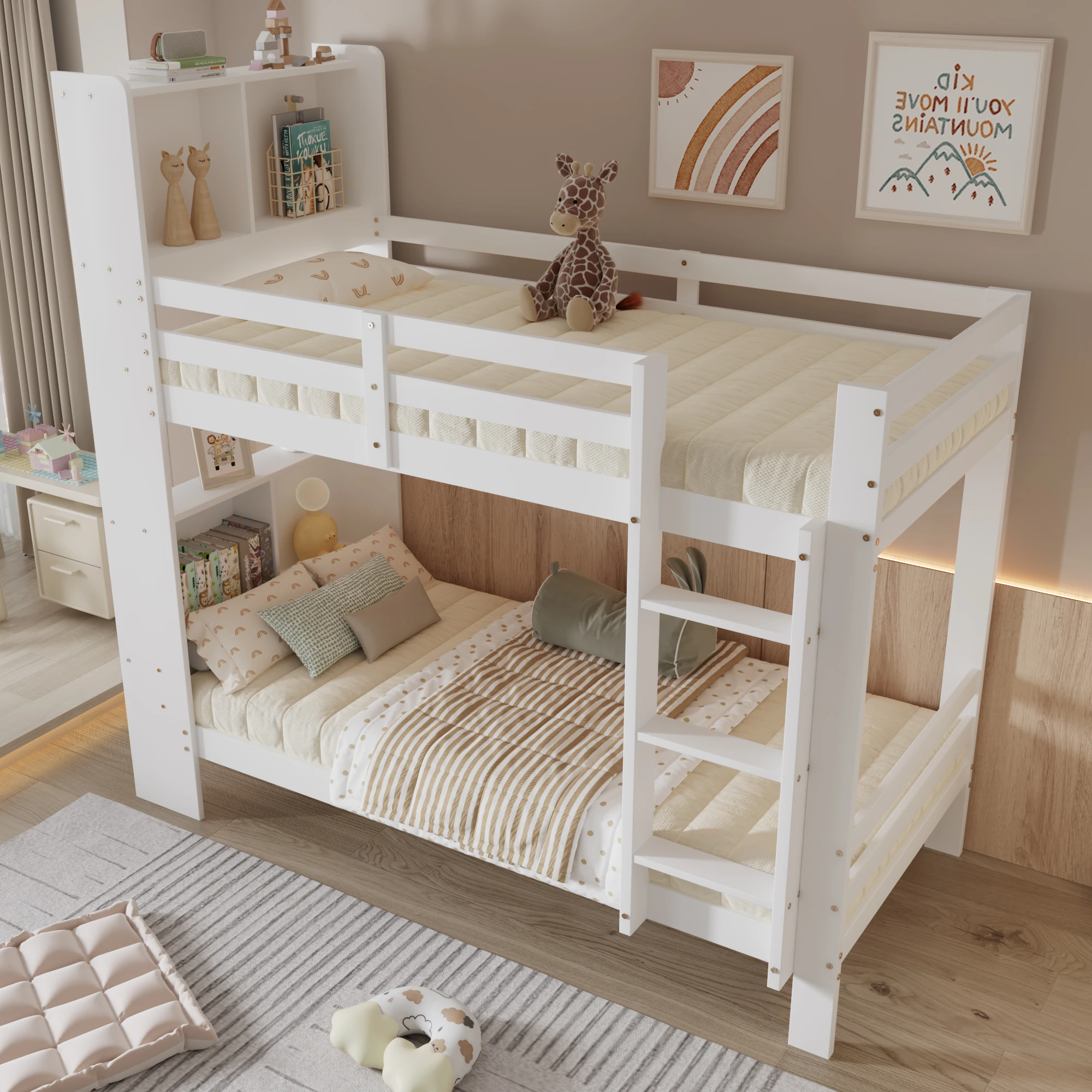 Cama de suelo con estantes y escalera de tres niveles en ángulo recto, cama de almacenamiento de madera, estructura de madera maciza, blanco, 90x200 cm