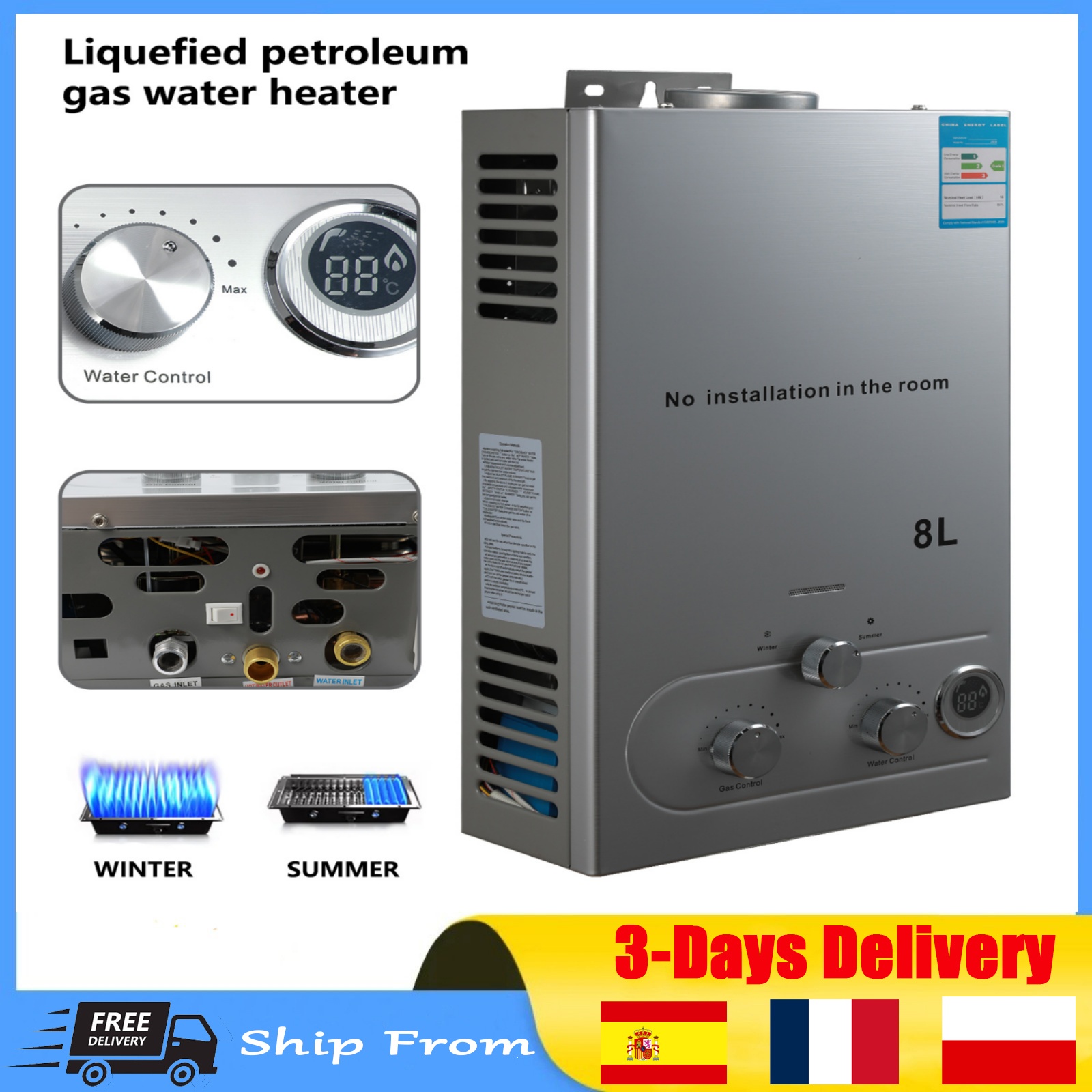 Calentador de agua caliente de 8L, Gas licuado de petróleo, calentador de agua sin tanque bajo demanda, Kits de calentador de caldera instantánea Digital inoxidable