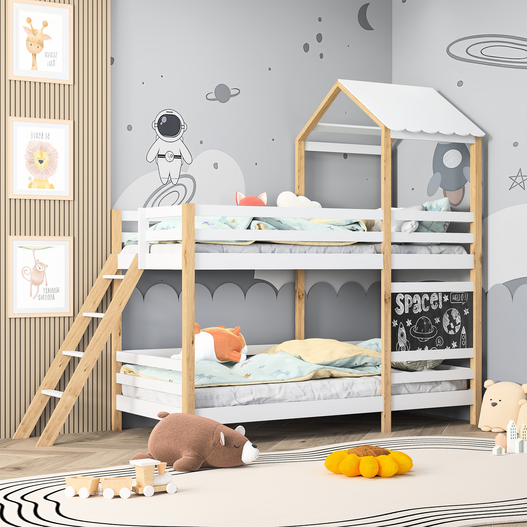 Lit double 90x200cm avec escaliers et tableau noir, lit avec clôture, lit avec toit design enfant, lit mezzanine enfant - blanc