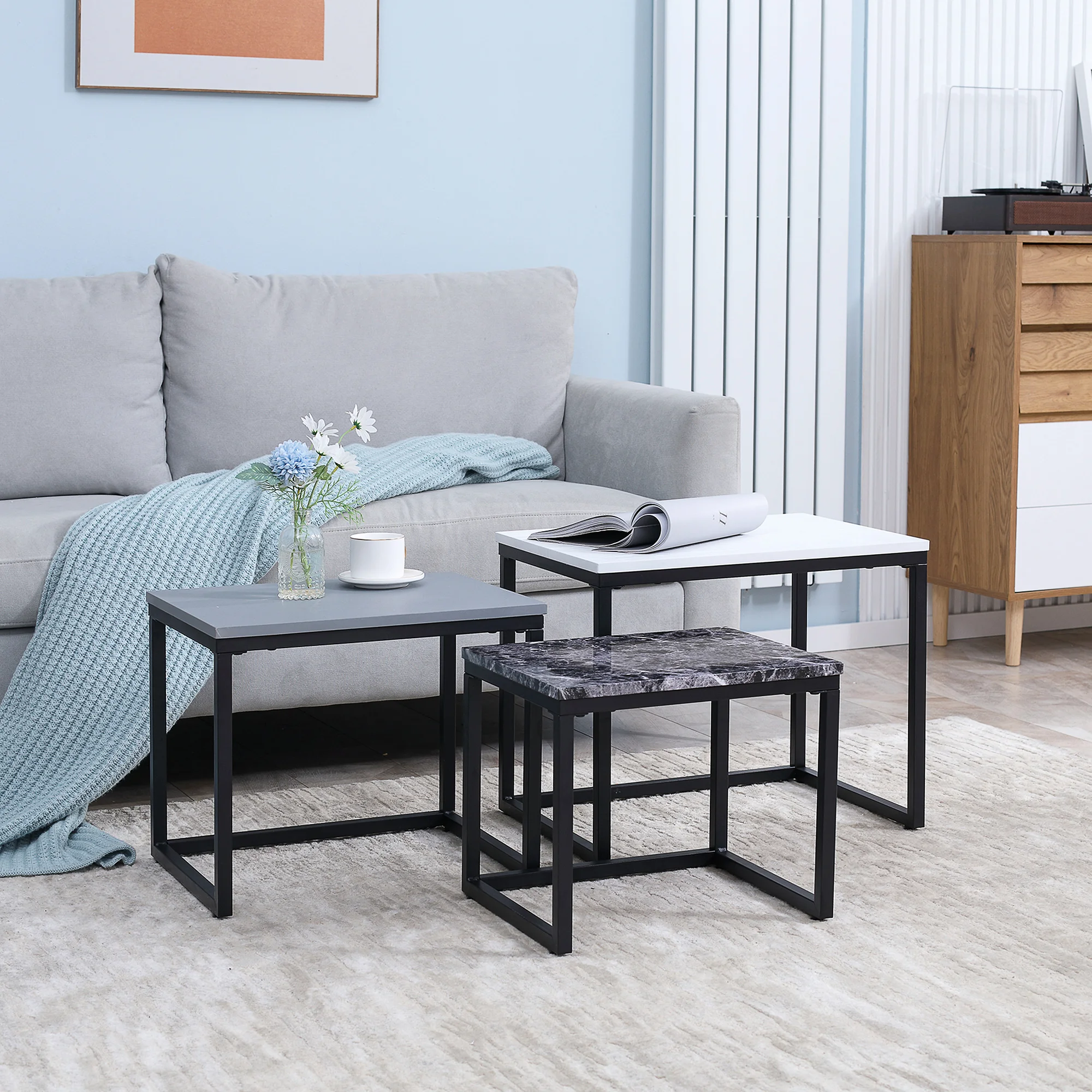 HOMCOM Couchtisch, moderner Beistelltisch, Couchtisch mit Metallgestell und MDF in 3 Farben für Wohnzimmer und Dekoration