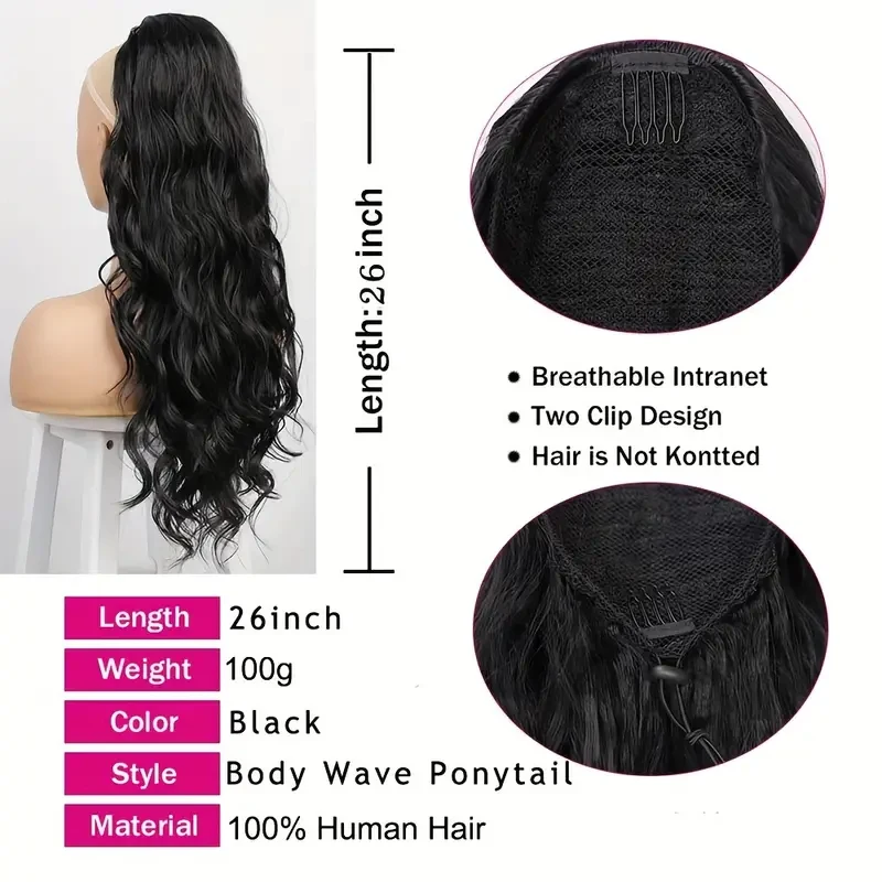 Extensions de cheveux humains queue de cheval de cordon de vague de corps 10-26 pouces pince en Extensions de cheveux humains brésiliens bouclés pour les femmes # 1B