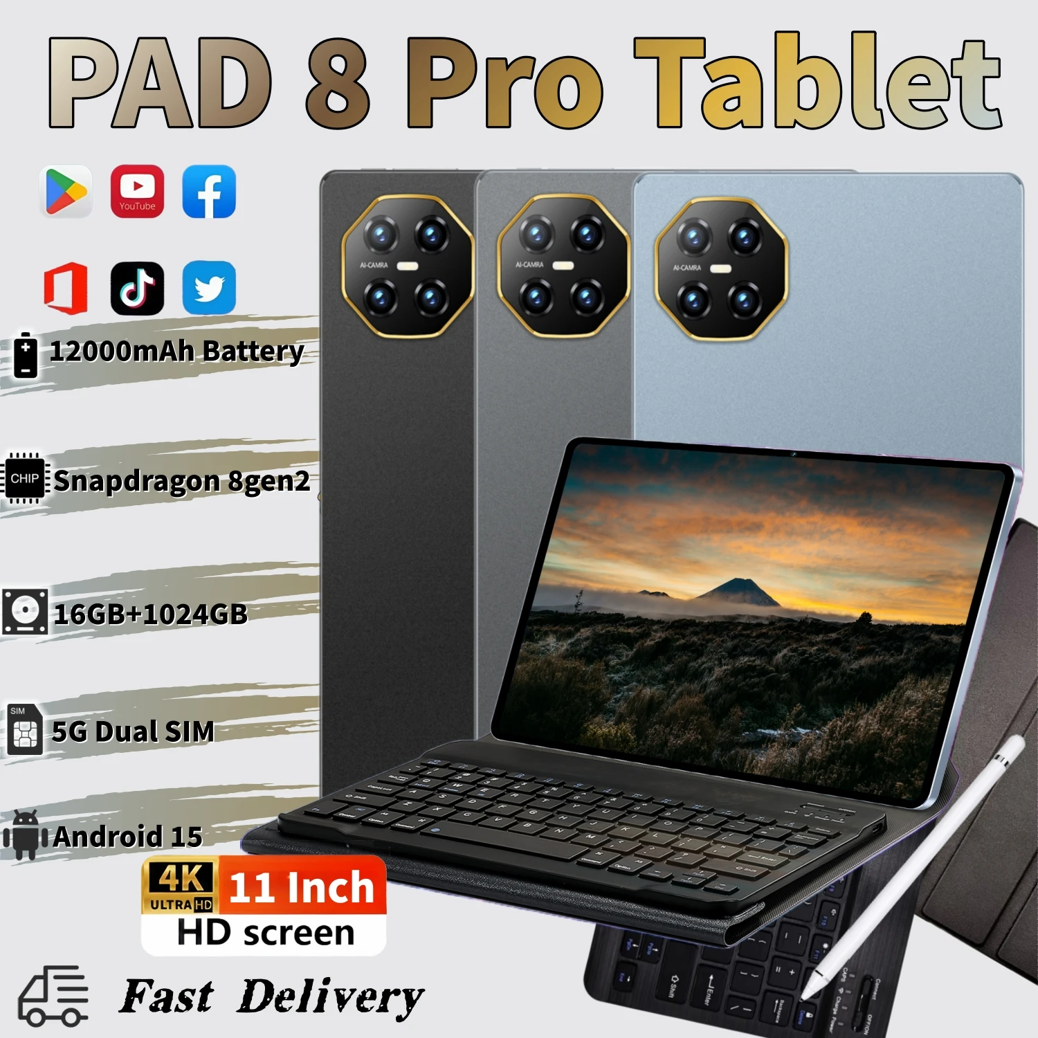2025 Global Versie PAD 8 Pro Snapdragon 8GEN2 Android 15 Tablet 11Inch HD 16GB + 1TB 12000 mAh 5G Dual SIM Wifi Tafels PC