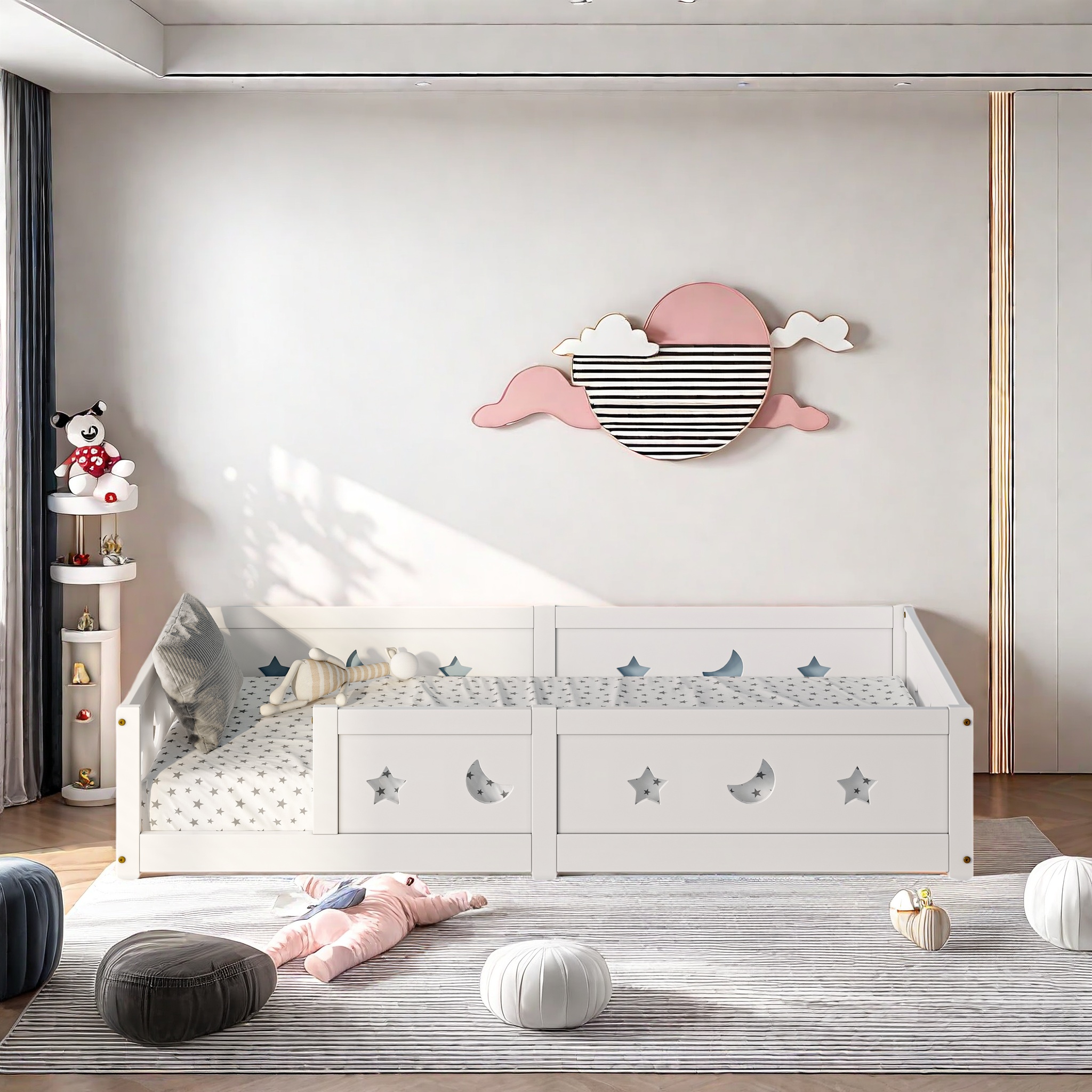 Rosahqnda Montessori Kinderbodenbett 90x200 cm mit Rausfallschutz und Lattenrost Einzelbett White-90x200cm 120x200cm 140x200cm