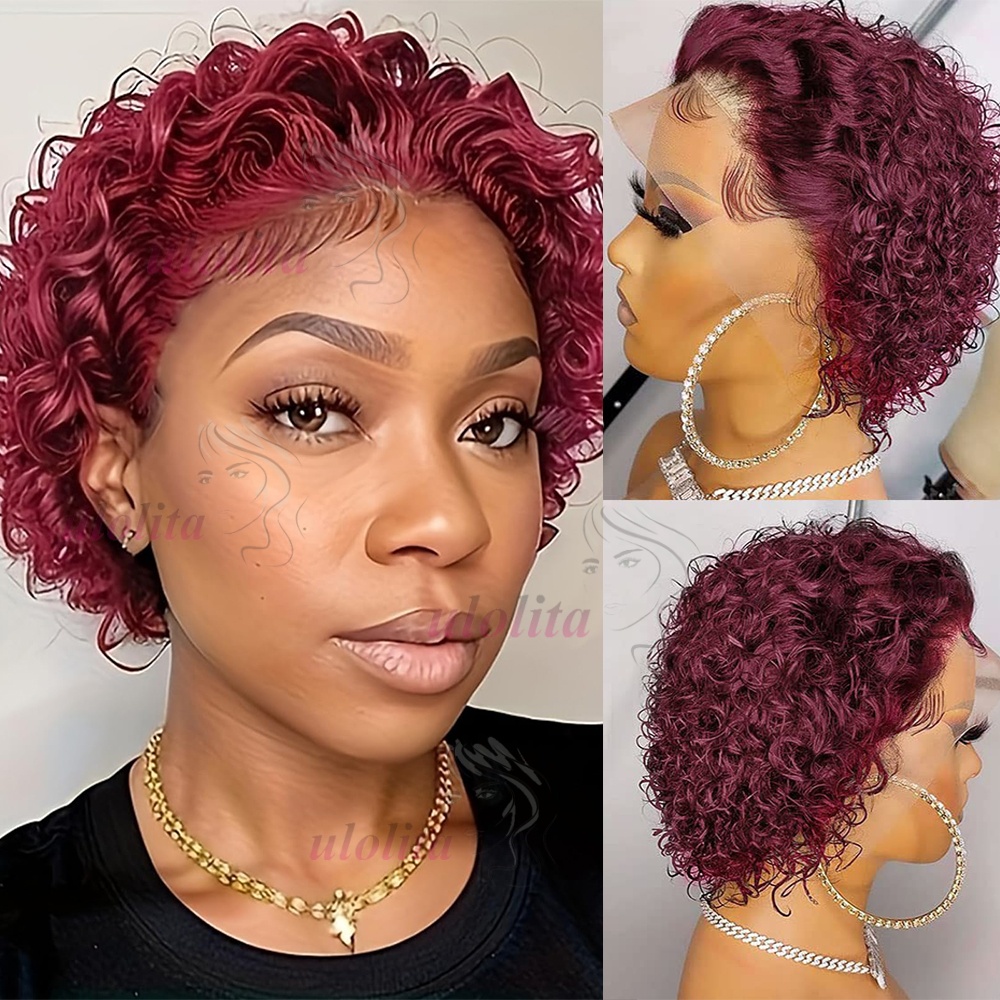 99J burdungy13X4 Pixie Cut Krullend Kant Pruiken Menselijk Haar Kort Krullend Braziliaans Menselijk Haar Pruiken Diepe Watergolf Pruiken voor Zwarte Vrouwen