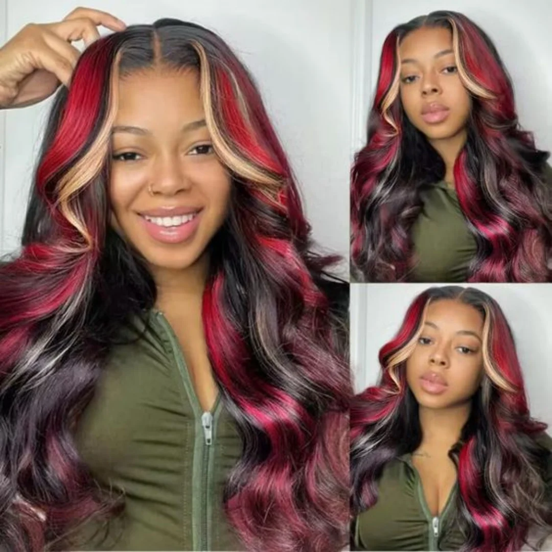 Peluca 13X6 negra con reflejos rubios rojos pelucas frontales de encaje sintético 13x4 prearrancadas con línea de cabello peluca Frontal de encaje para mujer