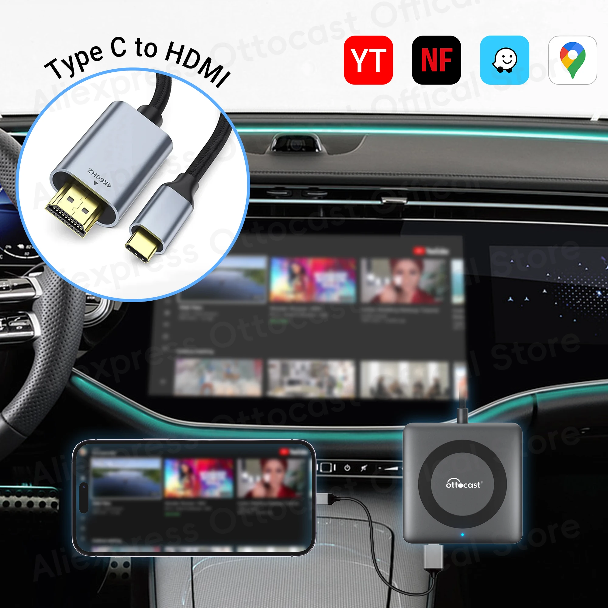 2025 OTTOCAST Car TV Mate C3 Multimedia Wireless CarPlay Adapter Video Converter for HDMI in for TV Fire Sticks Game Consoles