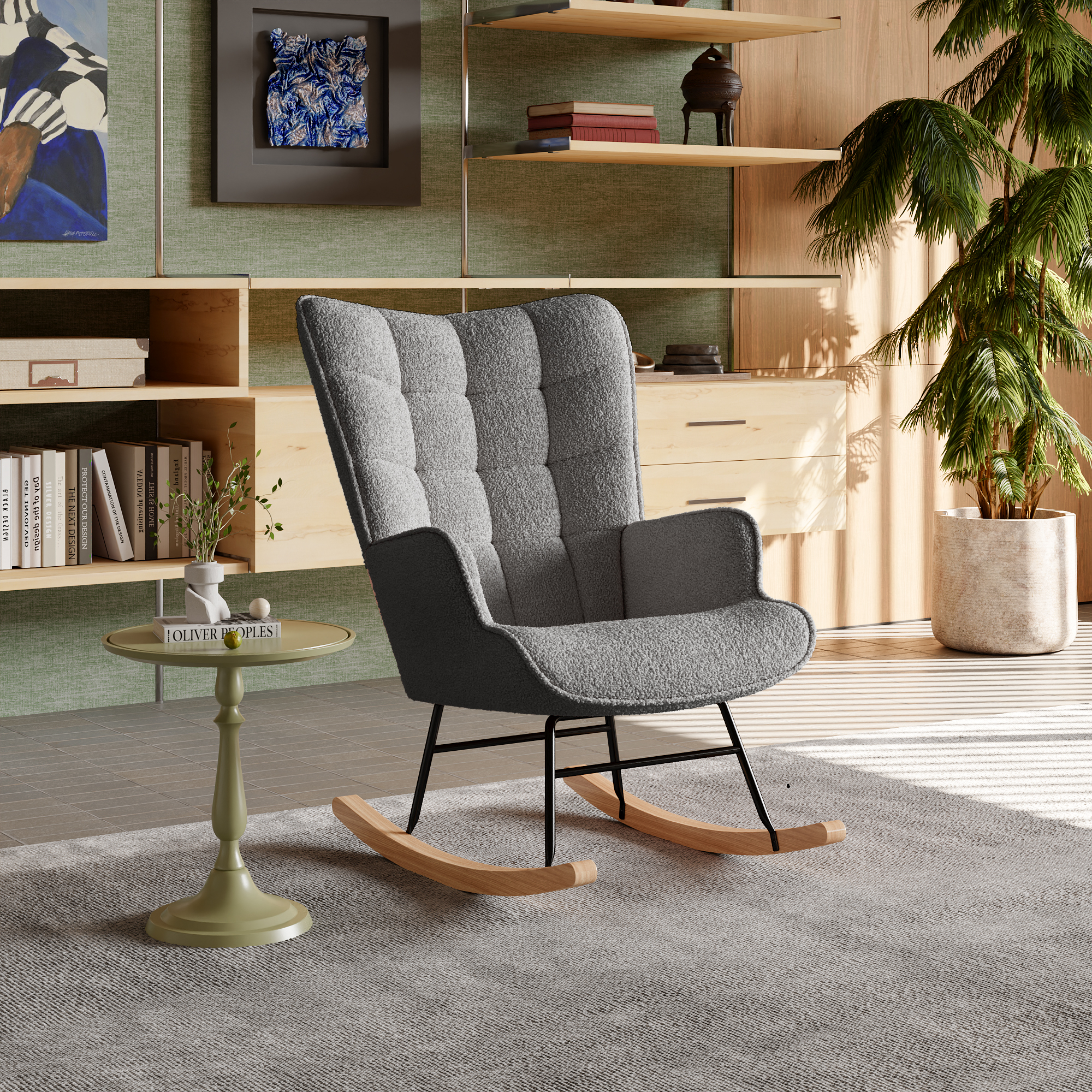 Cadeira de balanço moderna com encosto alto e braços, cadeiras confortáveis adequadas para sala de estar, quarto e pátios - Cinza