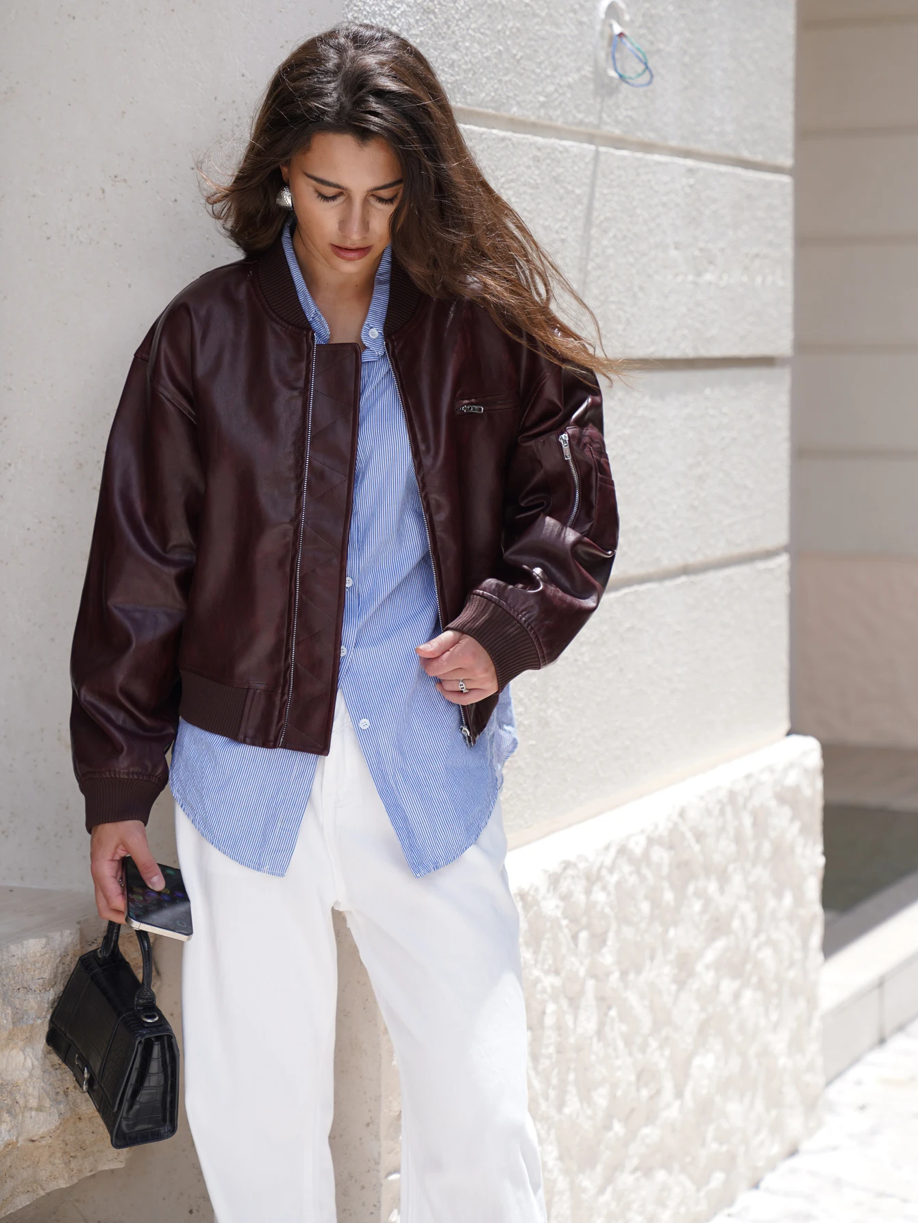 2025ผู้หญิงฤดูใบไม้ร่วงPuหนังBomber Jacketสีแดงไวน์,เสื้อสีน้ําตาล