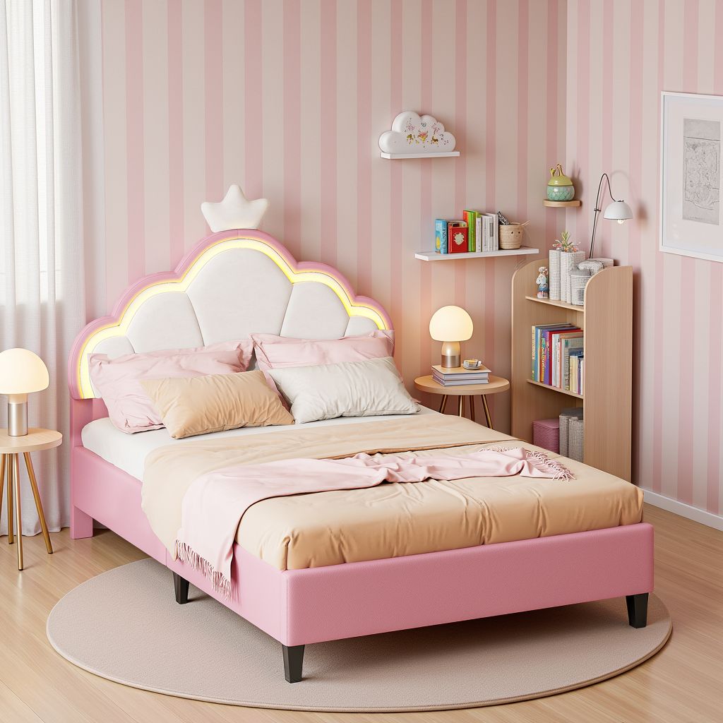 Cama Upadded 140x cm, con LED, cabecero de nube y corona, altura regulable, Estilo Princesa, rosa