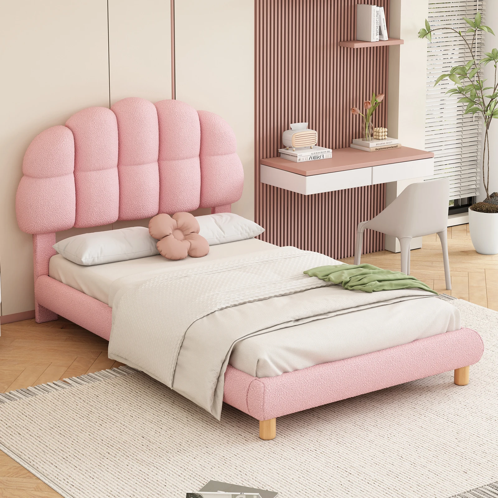 Cama de solteiro 90x200cm, cama infantil, cama de juventude, estofamento, folha de madeira, círculo de ferrugem, lã rosa