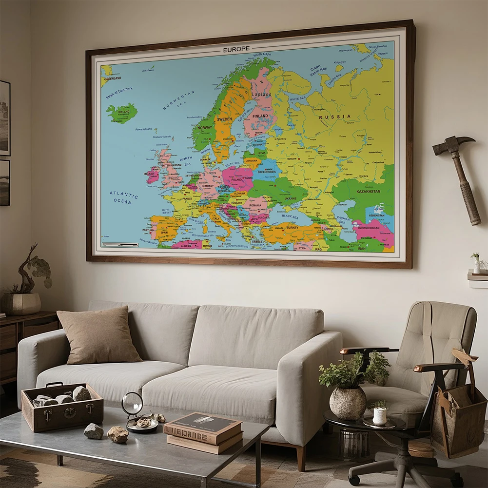Póster grande de mapa de Europa en inglés, pintura de tela de vinilo no tejida, suministros de oficina, decoración de pared del hogar para dormitorio, 225x150cm