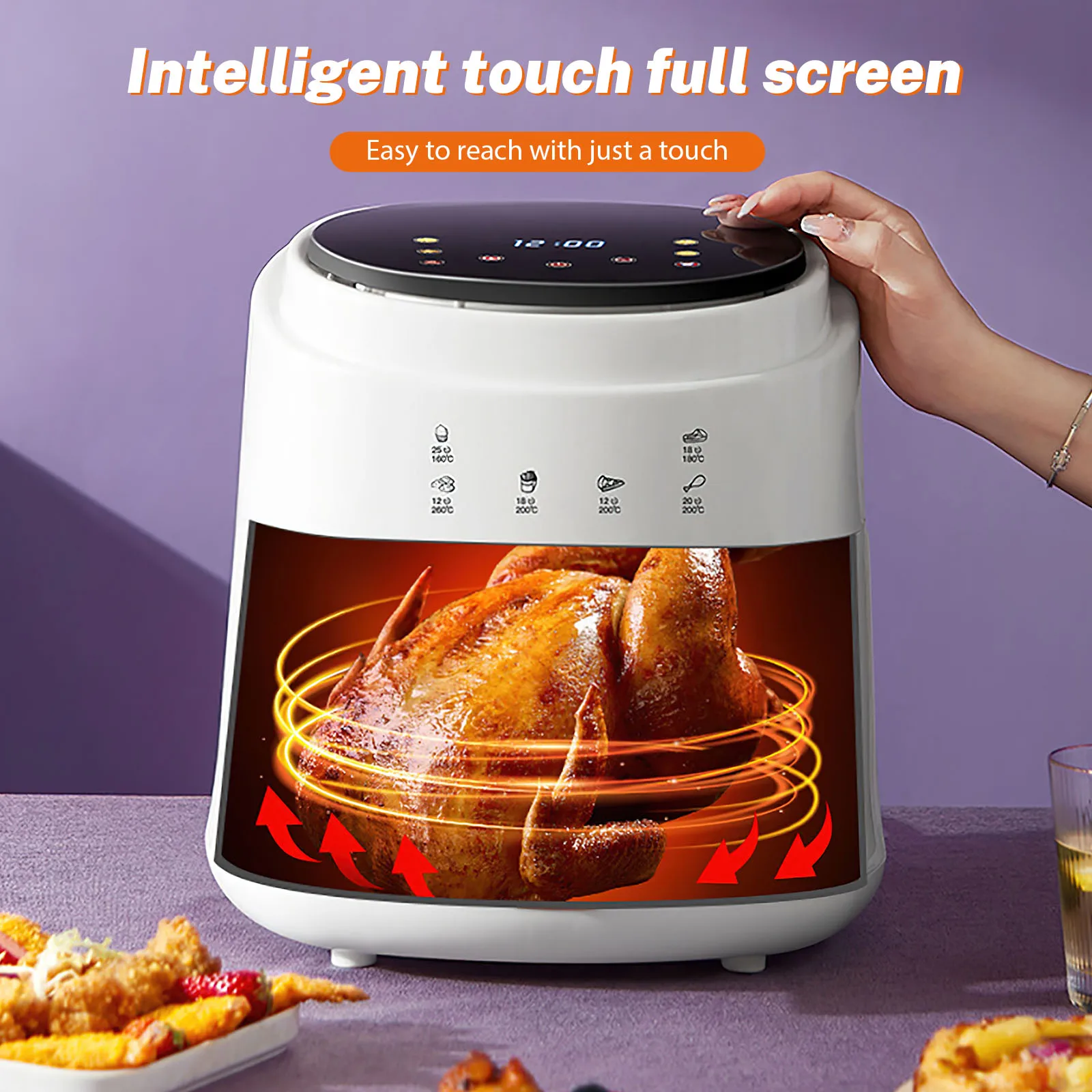 Fritadeira multifuncional do ar da casa com tela táctil, 1400W, 220V, 6 modos refrigerando, 8l, 360 °