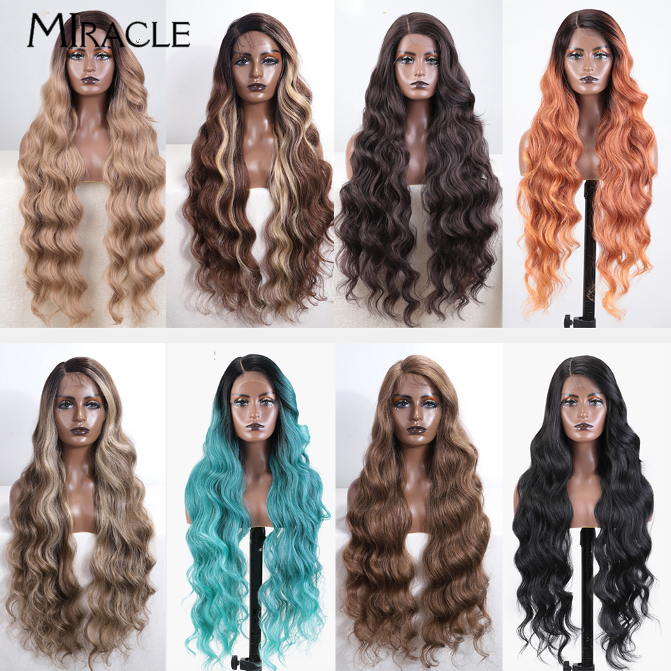 Miracle-女性用ディープルーズウェーブ合成ウィッグ、wavyレースフロントウィッグ、サイドパーツコスプレウィッグ、ジャズ、ブルー、ブロンド、36インチ