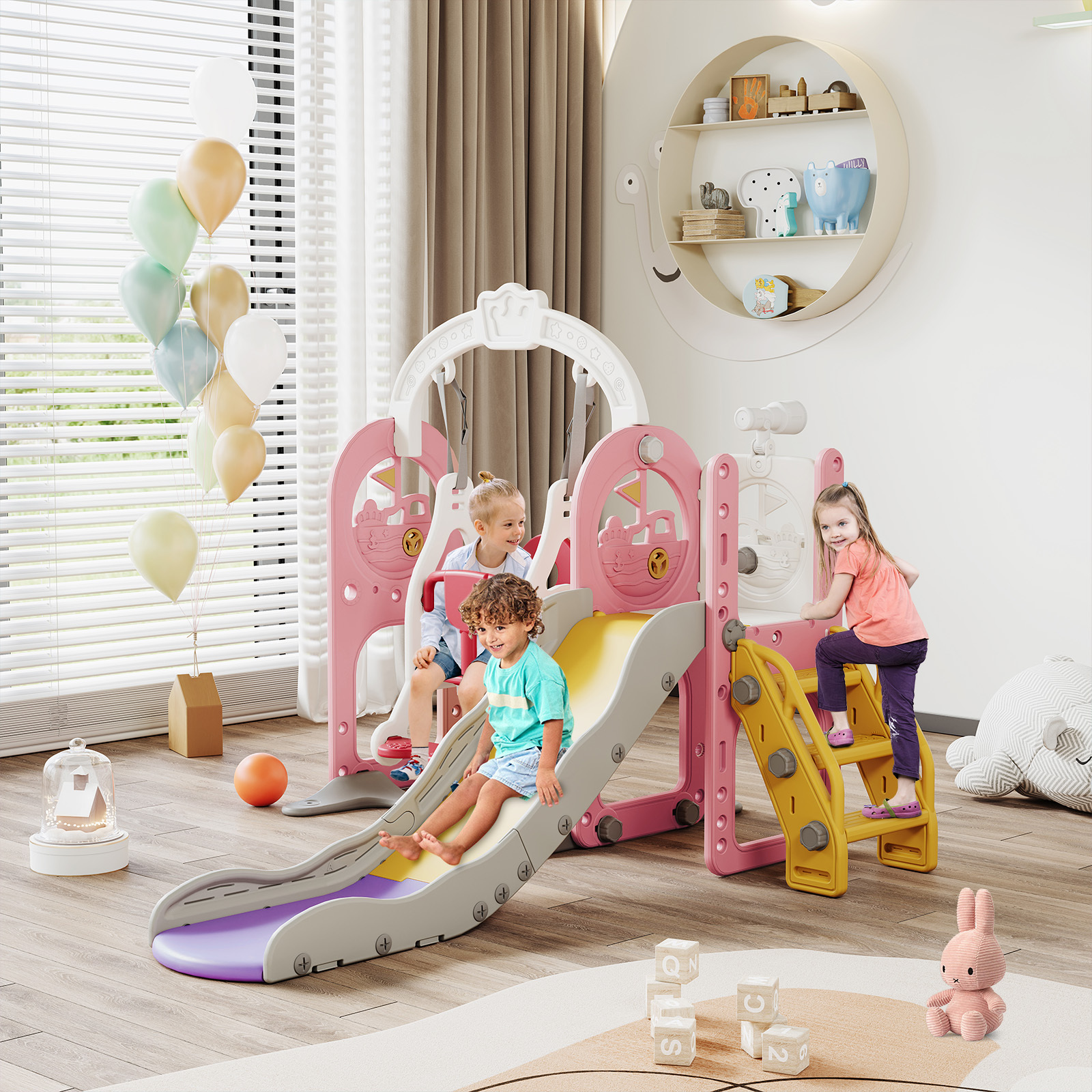 WoodenAura 6-in-1-Rutschbahn für Kinder, mit Piratenschiff-Rutsche, Schaukel, Balltor, Fernrohr, Rutsche und Basketballkorb