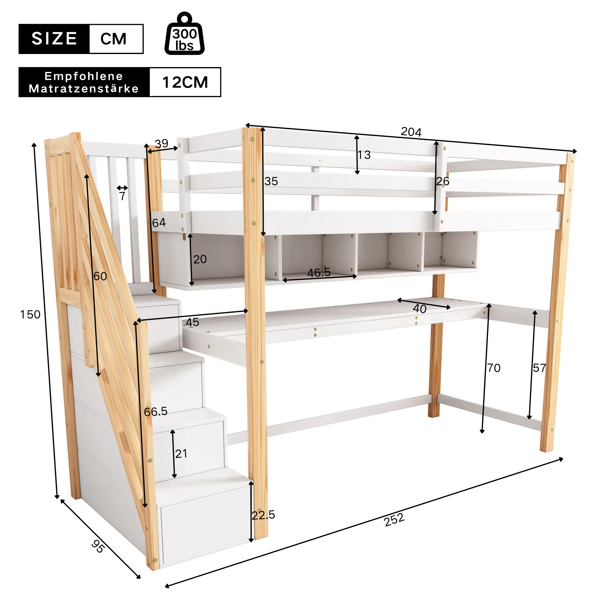 Letto per bambini letto alto con scale contenitore 90*200 cm, legno massello + MDF, letto a castello, letto per bambini con grande scrivania e ripiani,