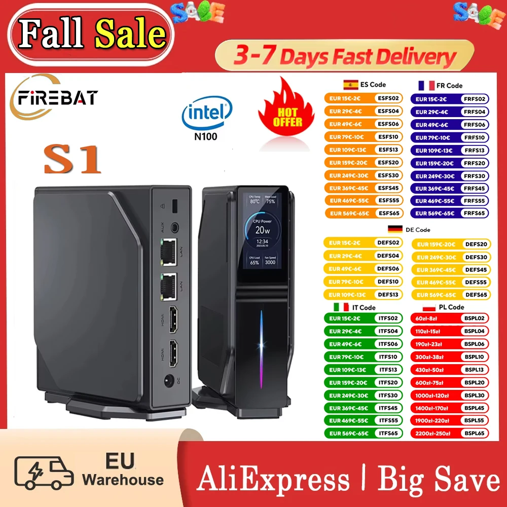 Firebat S1 Mini PC Intel N100 4 rdzenie Max 3,4 GHz 16 GB Ram 512 GB Ssd 2 * HDMI Podwójny wyświetlacz Wi-Fi 5 Bluetooth 4.2