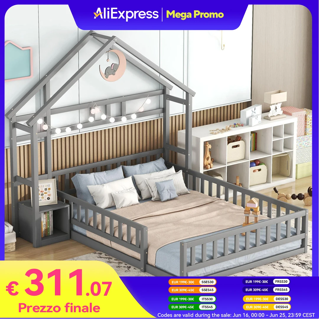Letto letto per bambini cabina 140x200 cm, letto matrimoniale con barriere protettive e comodino, struttura per bevande, grigio/bianco
