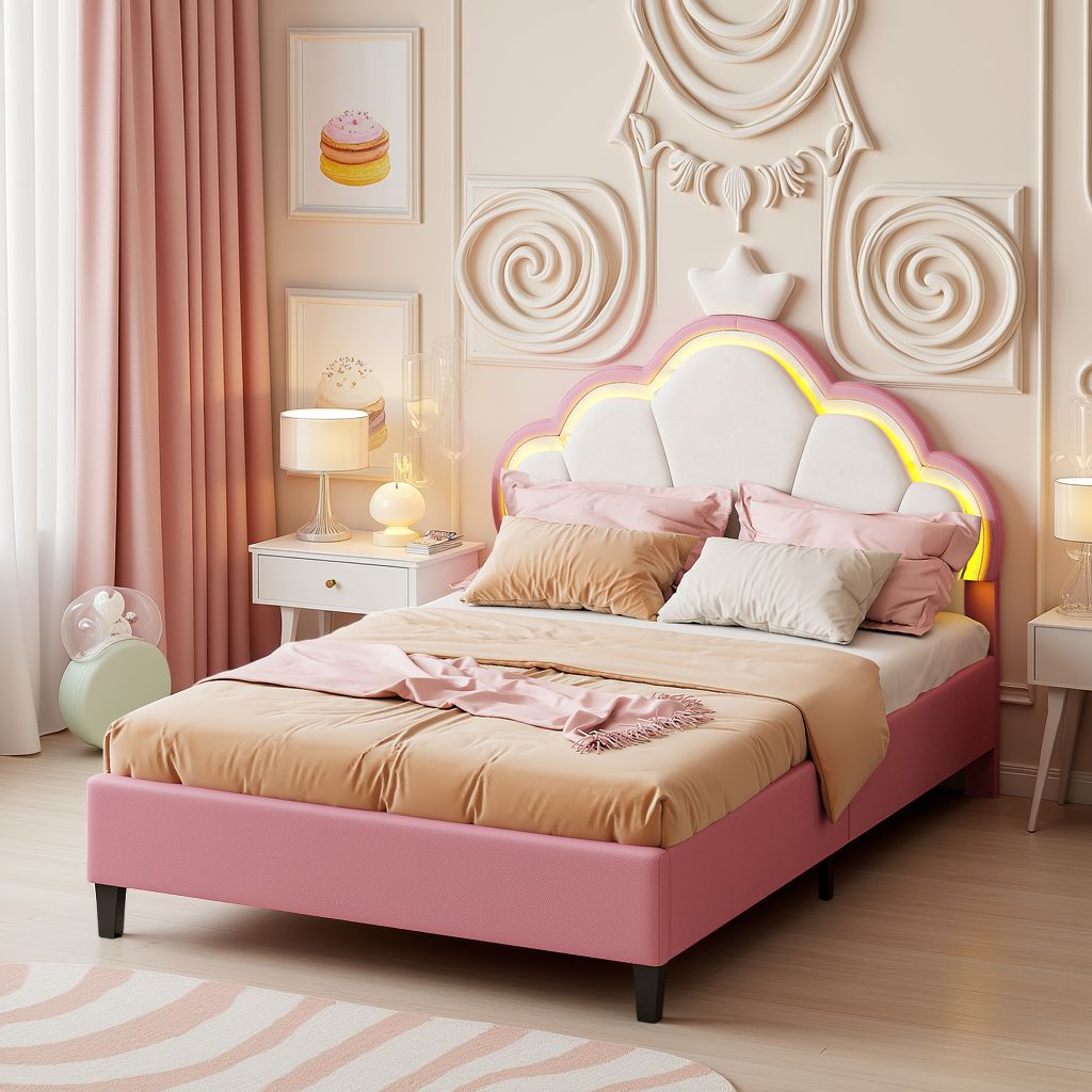 Cama Upadded 140x cm, con LED, cabecero de nube y corona, altura regulable, Estilo Princesa, rosa