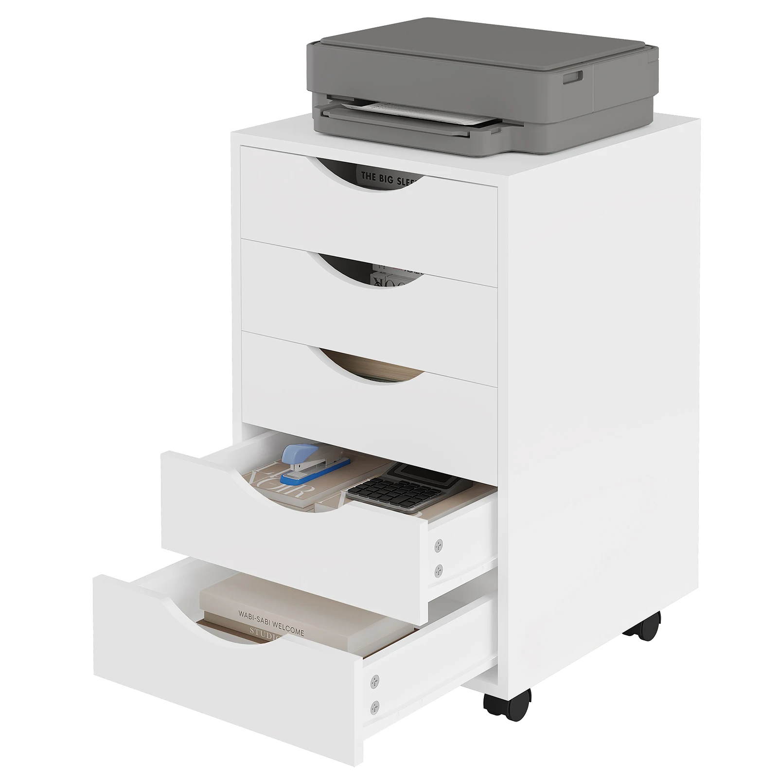 WOLTU Contenitore da ufficio bianco con contenitore a rotelle con 5 cassetti Ruote Schedario mobile Armadietto base da scrivania per riporre l'ufficio