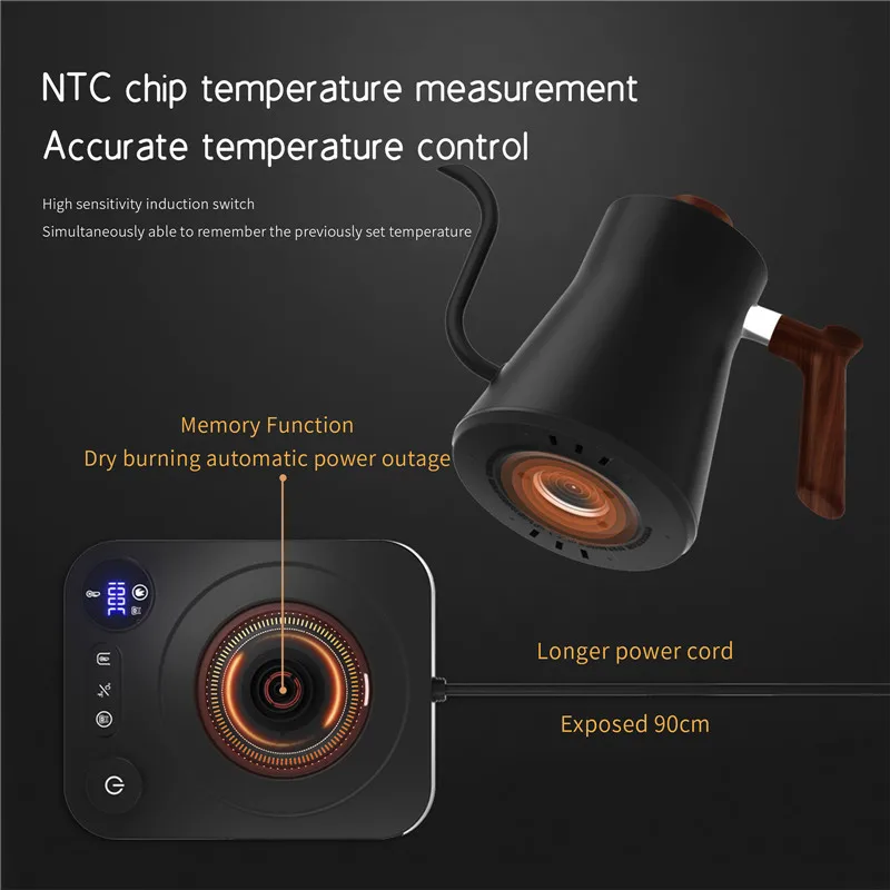 Bollitore elettrico Piccolo bollitore da viaggio portatile Caffè a collo di cigno Kittle elettrico Caffettiera in acciaio inossidabile con manico in legno