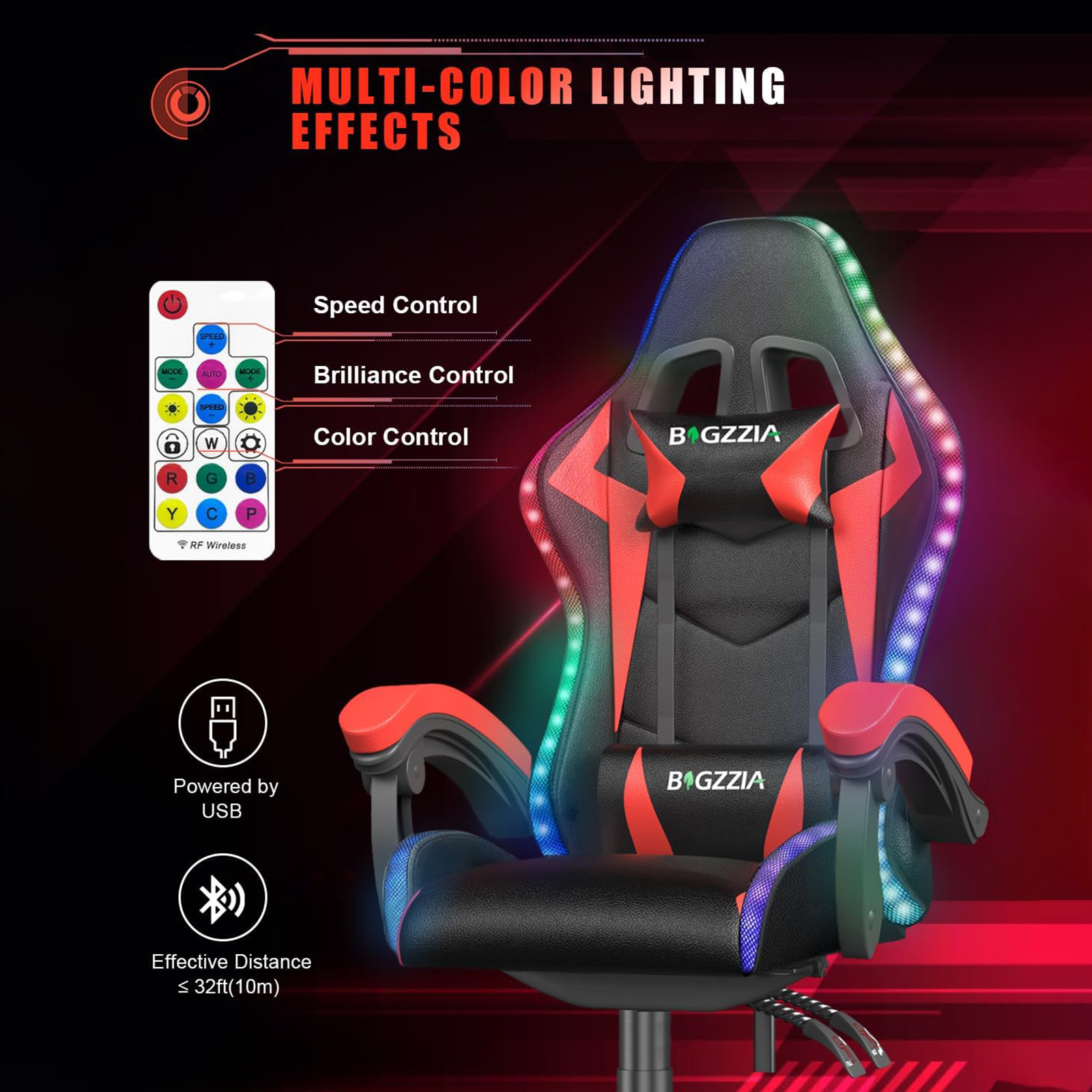 Bigzzia Chaise de jeu avec LED RGB Chaises de jeu Chaise PC ergonomique avec appui-tête Chaise de jeu Éclairage lumineux RVB Chaise d'ordinateur