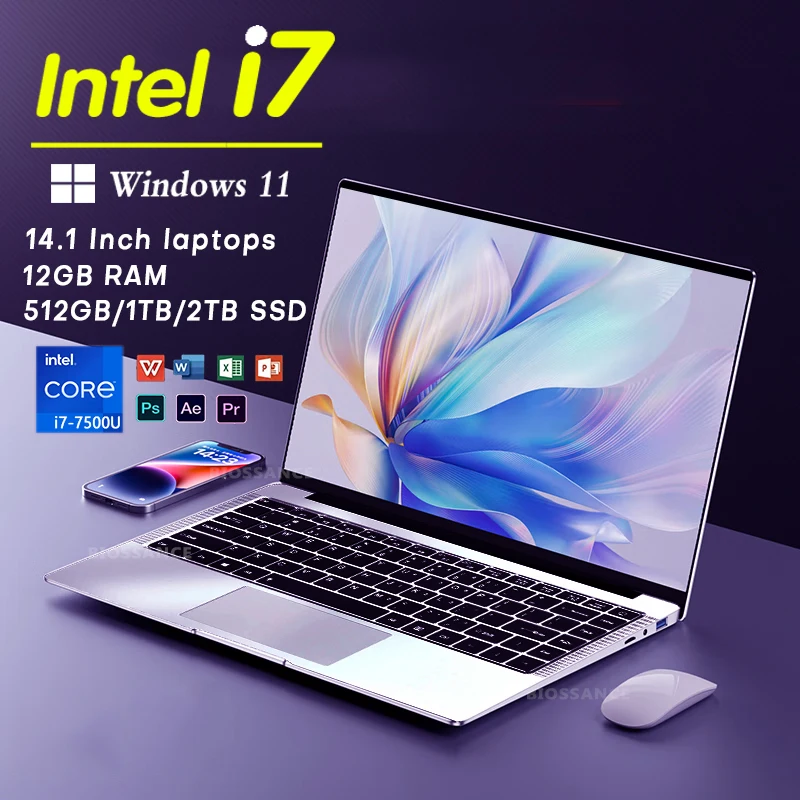 14.1 "Intel Notebook PC Ultraslanke Laptop Intel Core i7 7500U Laptop 12GB DDR4 2TB SSD Kantoor Studie Computer Windows 11 laptops