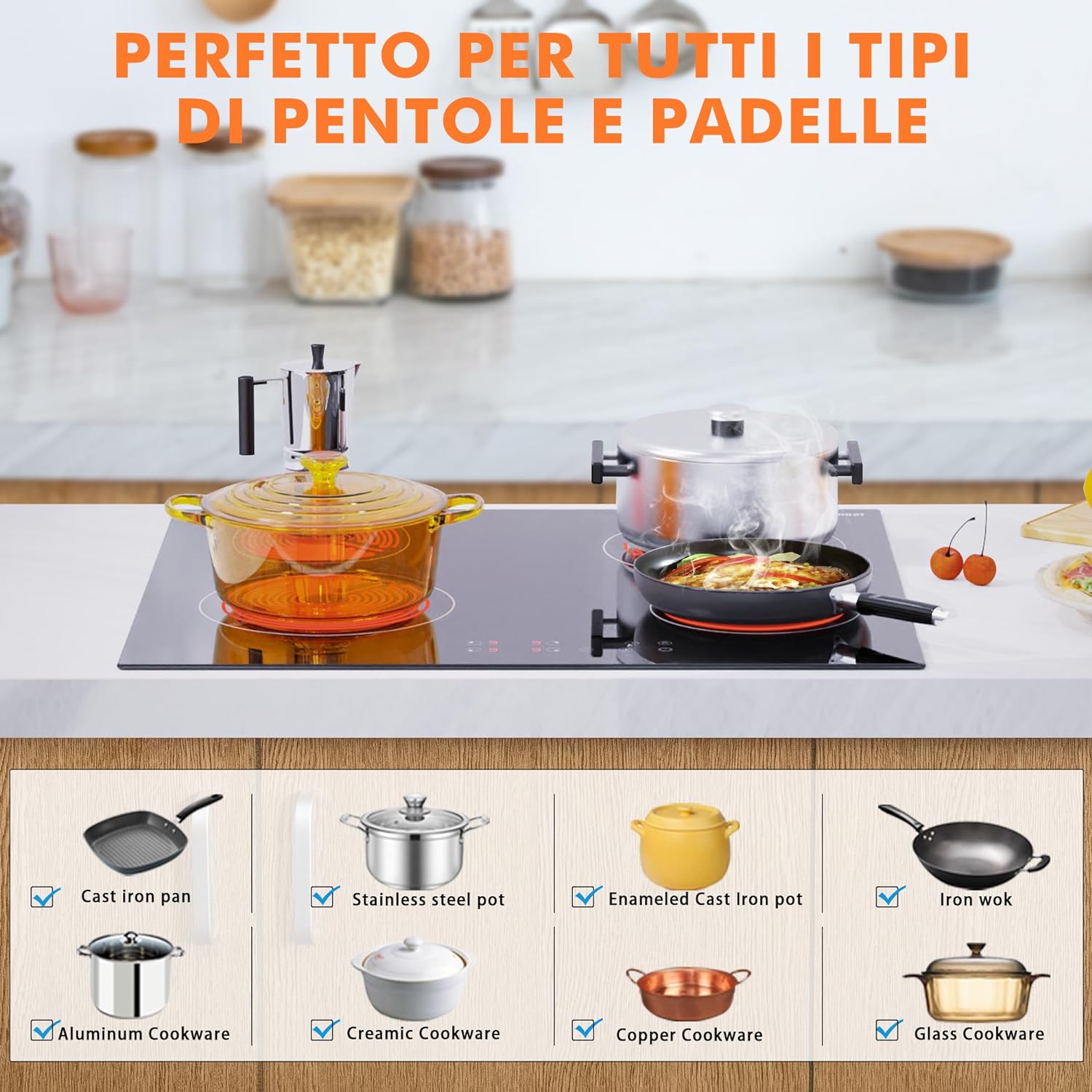 Keramikkochfeld 60 cm, Karinear Keramikglaskochfeld 4 Zonen, 6000 W eingebaut, 220–240 V, kein Stecker, Sicherheitsschloss, Timer, Touch-Steuerung