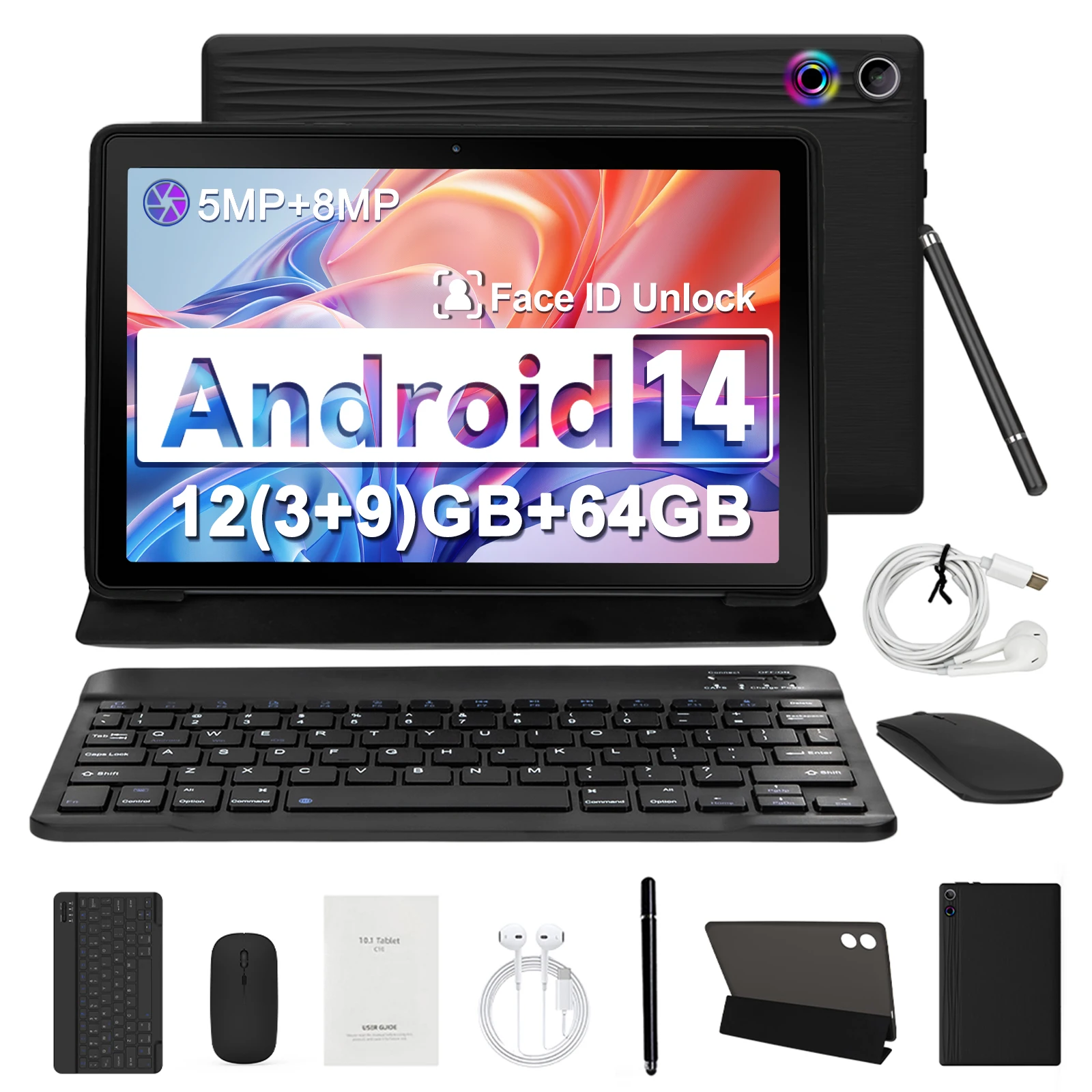 Android 14 10 inch Tablet, A523 Octa Core, 8GB RAM + 64GB ROM(TF 1TB), 5000mAh, Face Unlocked,Black+Keyboard & Mouse Set, Black
