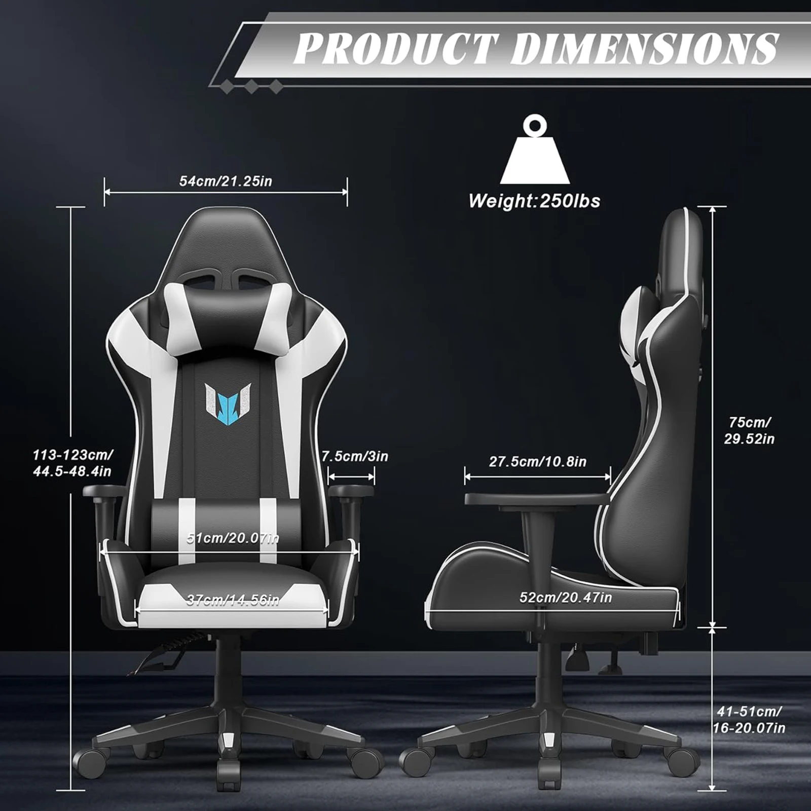 Cadeira de jogos Bigzzia Cadeira de computador Cadeiras ergonômicas para jogadores com almofada lombar Encosto de cabeça Cadeira de escritório para jogos com altura ajustável