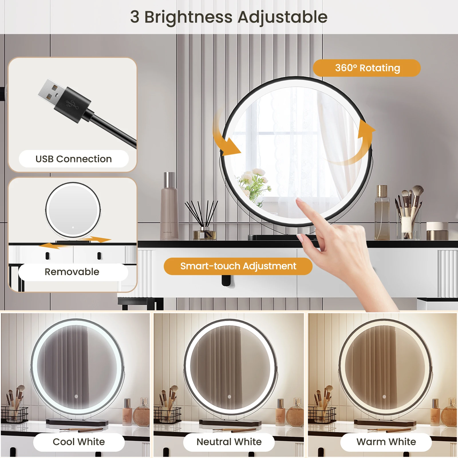 WOLTU Coiffeuse avec Éclairage LED Miroir Mobile Vanité Assemblage Flexible Maquillage Table Cosmétique pour Filles Femmes Chambre