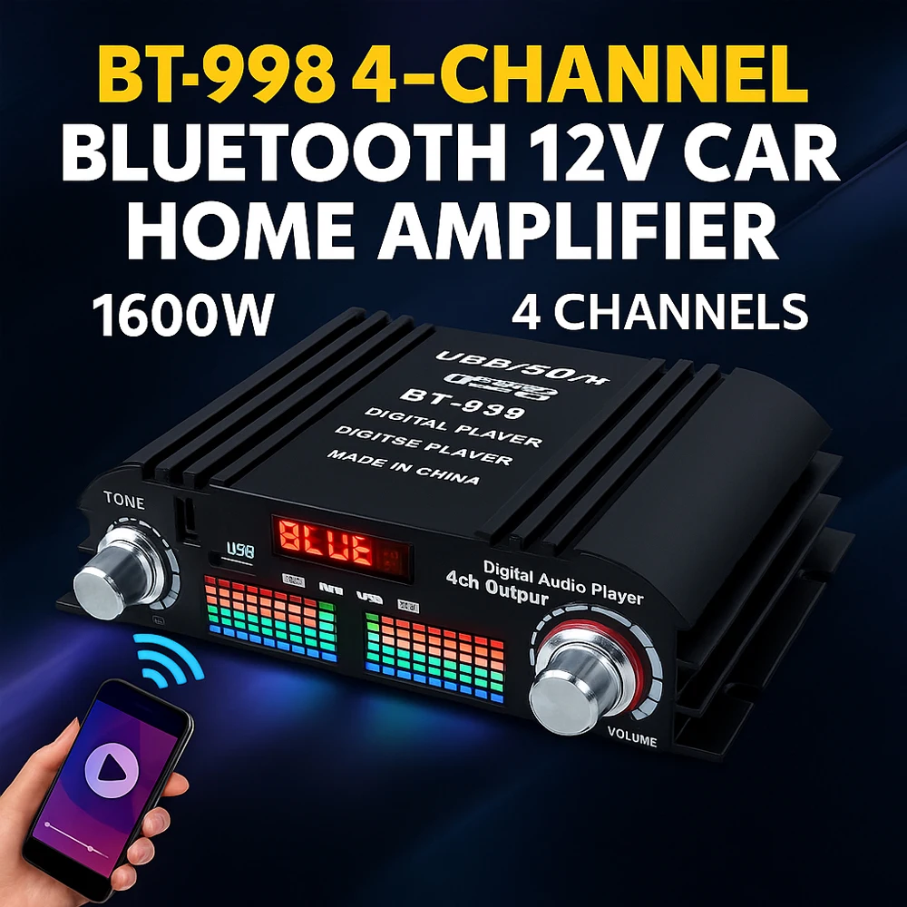 BT-998 Amplificador Bluetooth de 4 canais 12V Car Home Audio Power Amp USB SD AUX FM Display LCD