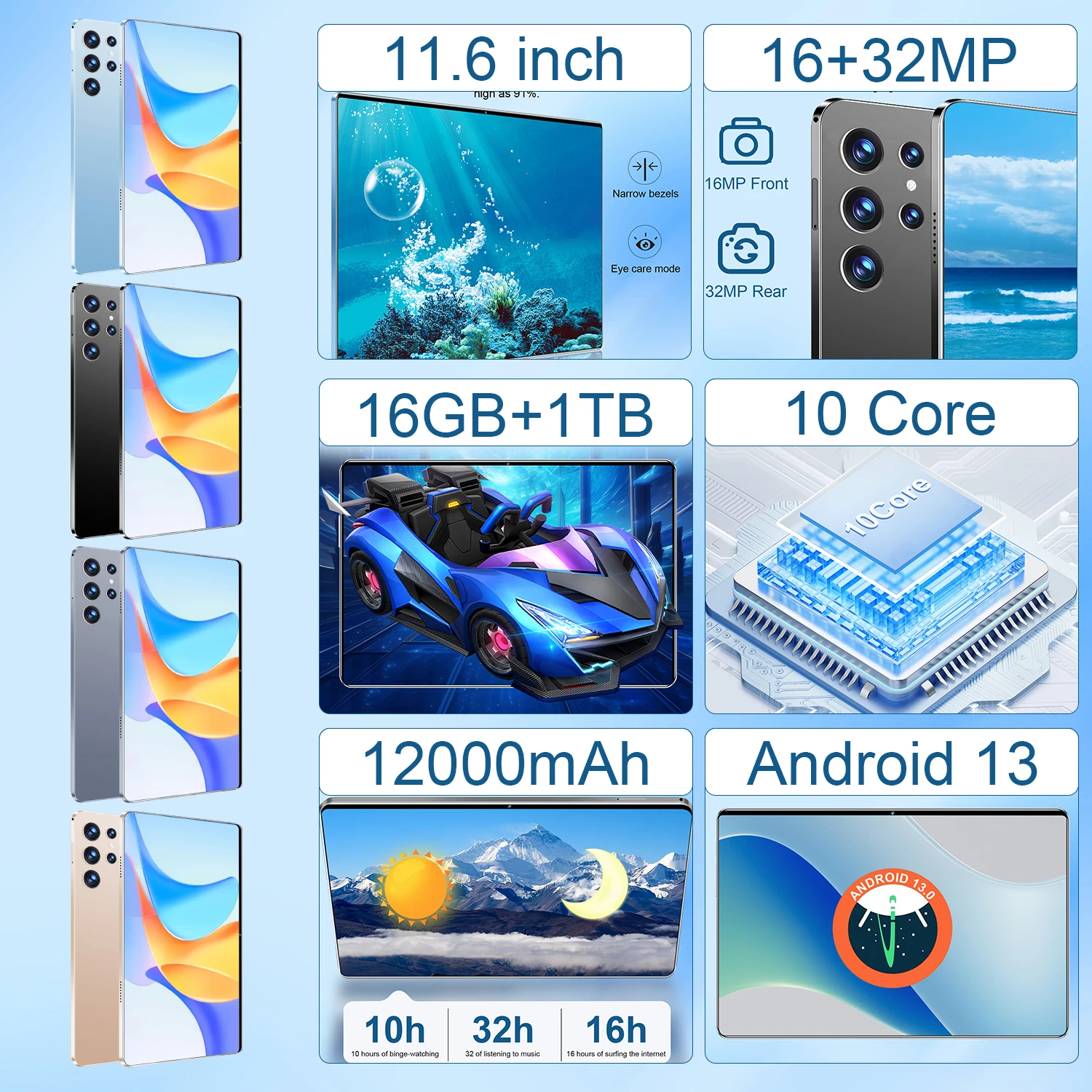 2025 nueva tableta Android 13,0 de red de 11,6 pulgadas 16GB RAM 1TB ROM 16MP 32MP 10 Core 12000mAh tableta 4 5G Wifi Tablet