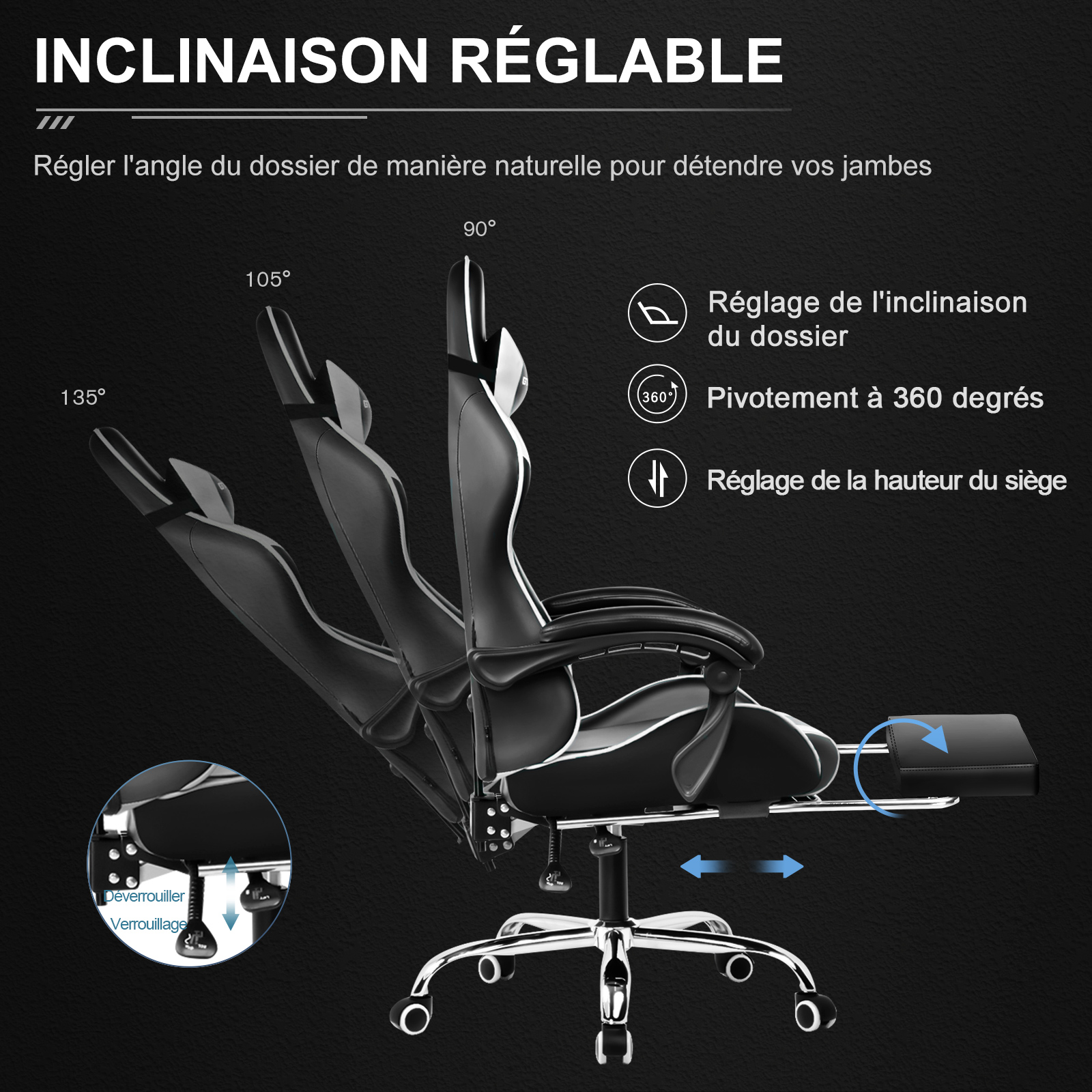 Chaise Gaming GTPLAYER avec Massage, Chaise Ergonomique avec Repose-Pieds, Dossier Réglable et Coussin Lombaire pour Bureau