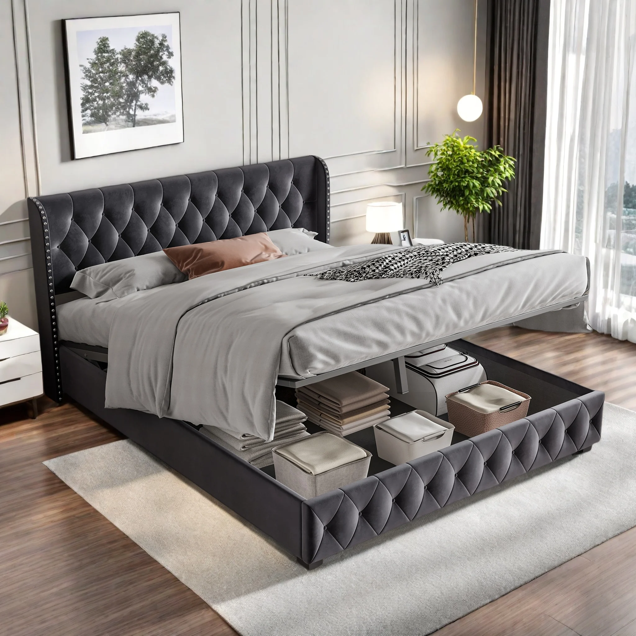 ROSAHQNDA Cama tapizada con somier de láminas y cabecero, 140/160/180 cm, cama box con amplio espacio de almacenamiento, sin colchón