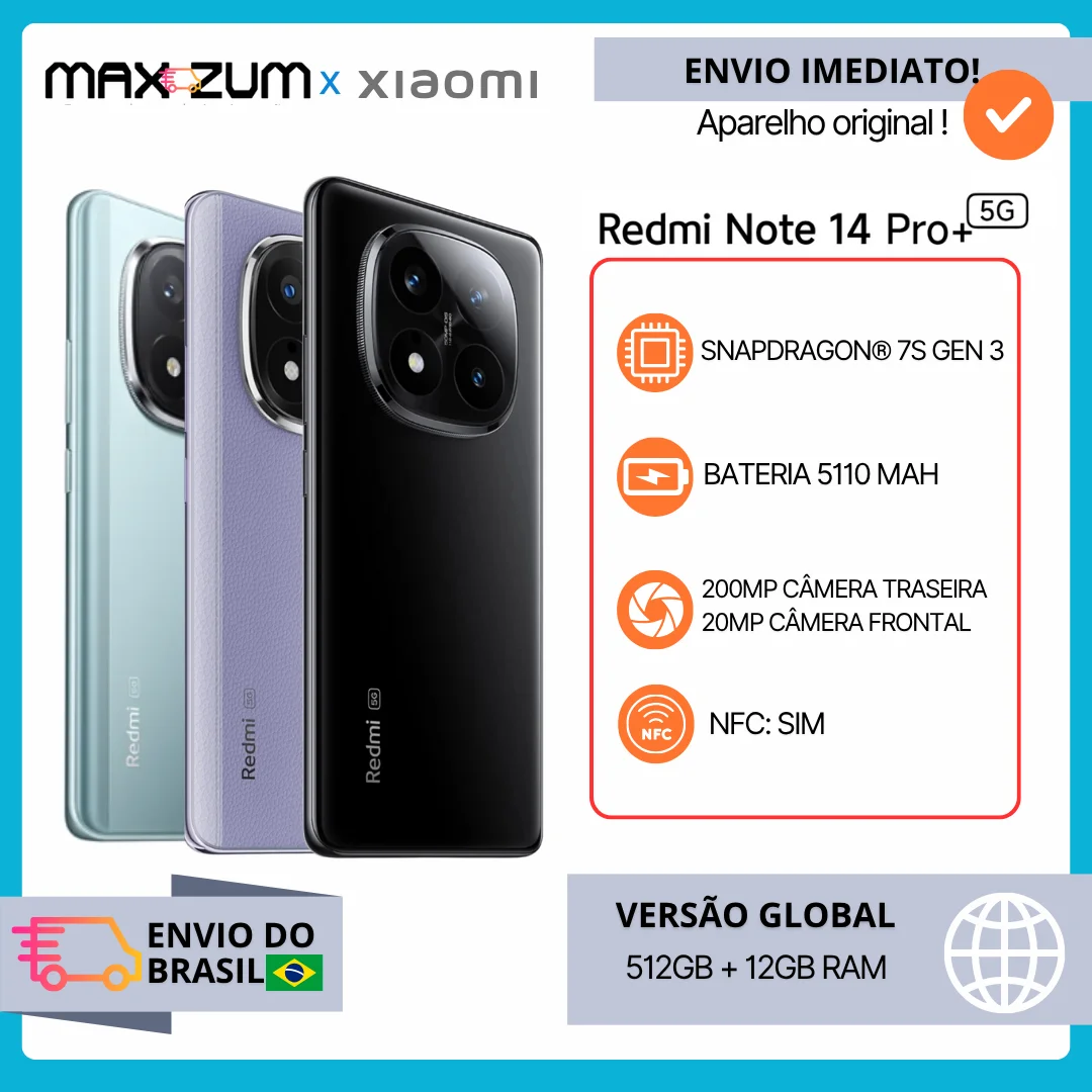 Xiaomi Redmi Note 14 Pro Plus 5G versão global Smartphone 200MP câmera AI Snapdragon ®   7s Gen 3 120W HyperCharge 120Hz