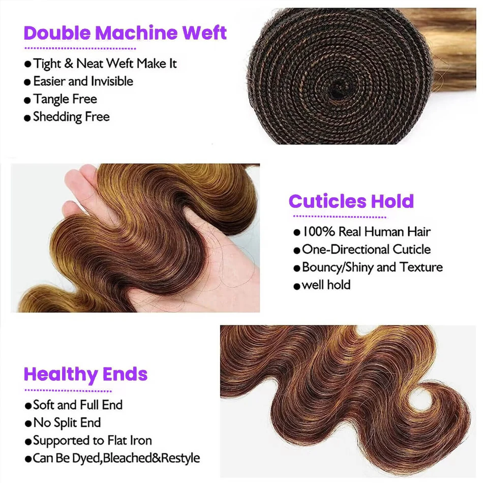Destaque pacotes de onda do corpo com frontal mel loira p4/27 pacotes de cabelo onda do corpo extensões de cabelo humano com 13x4 laço frontal