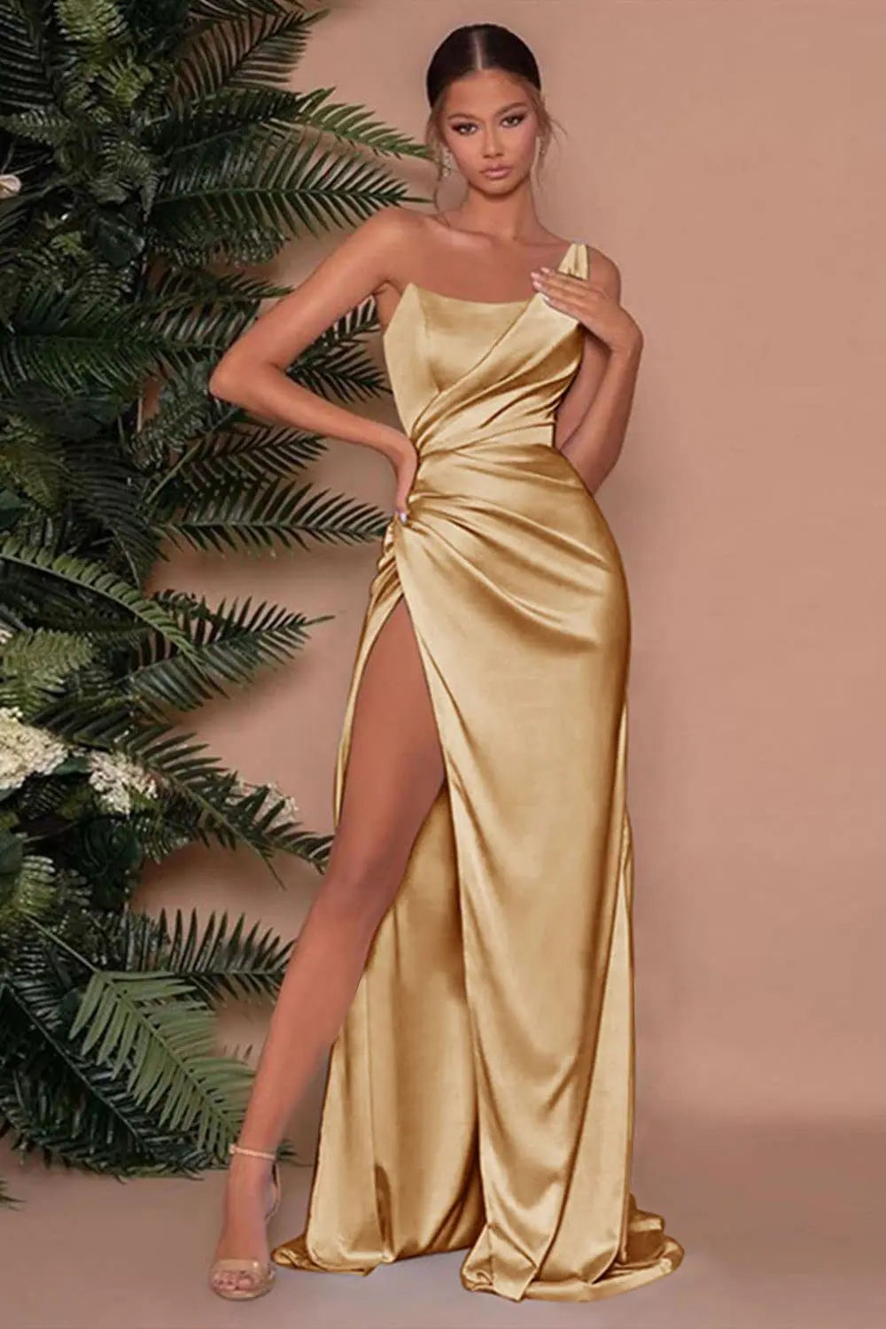 Sexy Elegant Gold One Shoulder Satin Ruched Prom Dress Backless With Split Formal Dress  Long Ruched Satin Bridesmaid Dresses