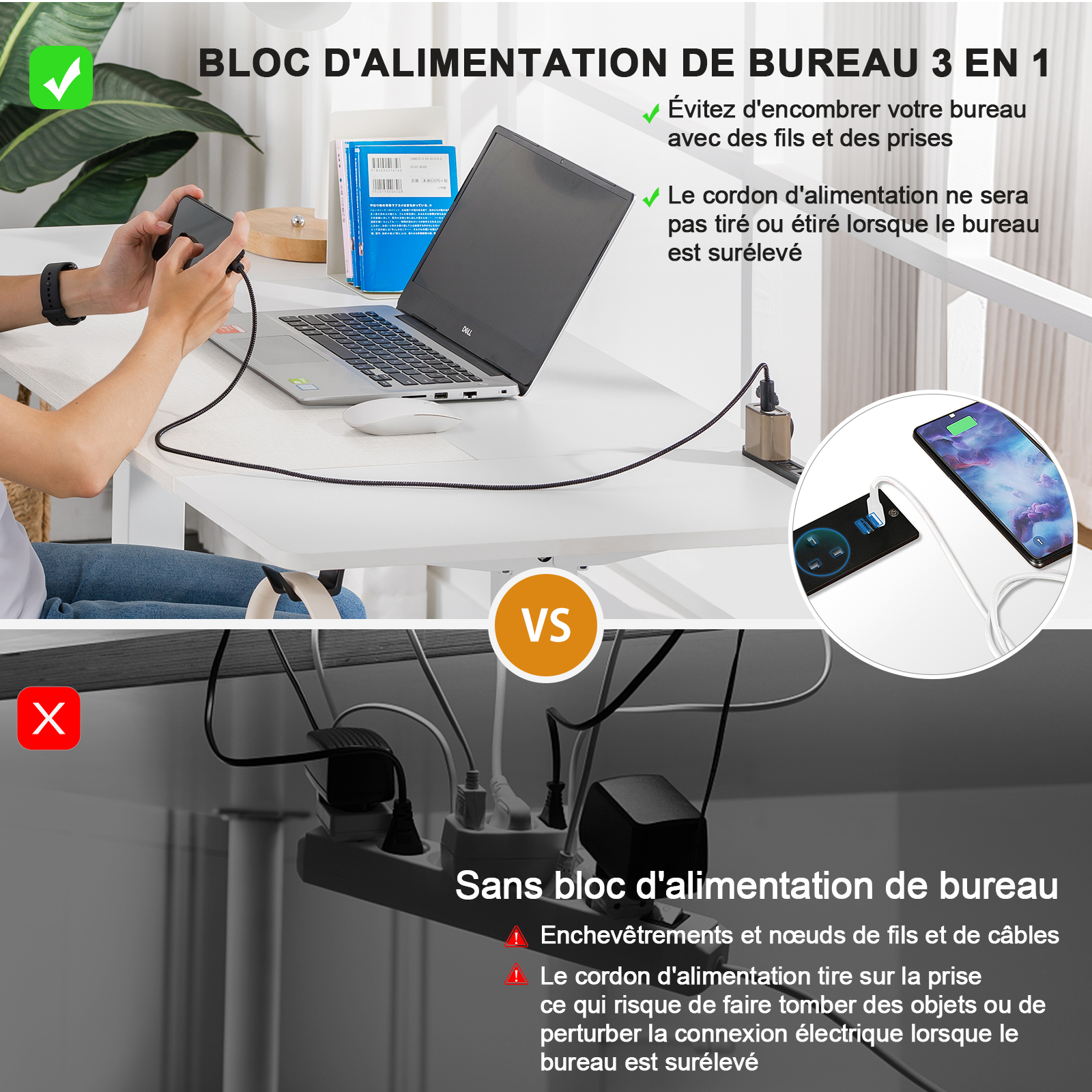Bureau réglable en hauteur COMHOMA avec port USB et crochet, bureau d'ordinateur réglable électriquement, bureau assis-debout