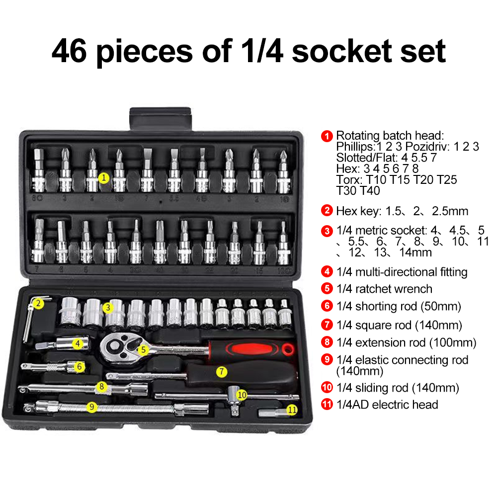 46pcs Ratchet Wrench Set 1/4 Ratchet Torque Wrench Combo Kit with Sockets Bit Hand Spanner Tool Car Repair Hardware Tool