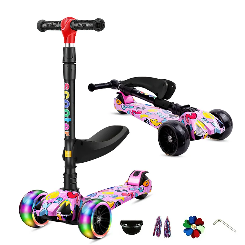 New children's scooters for boys and girls aged 2-10 can sit outdoors with foldable seats, flashing 3 wheels, scooters,