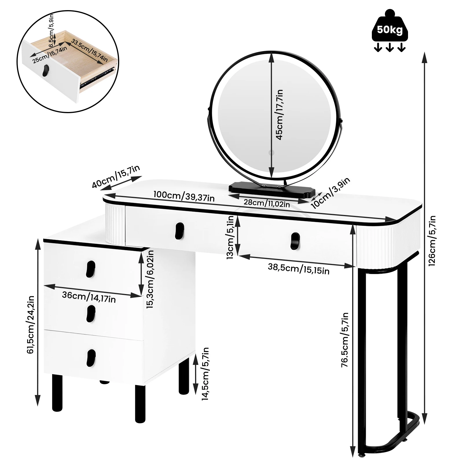 WOLTU Coiffeuse avec Éclairage LED Miroir Mobile Vanité Assemblage Flexible Maquillage Table Cosmétique pour Filles Femmes Chambre