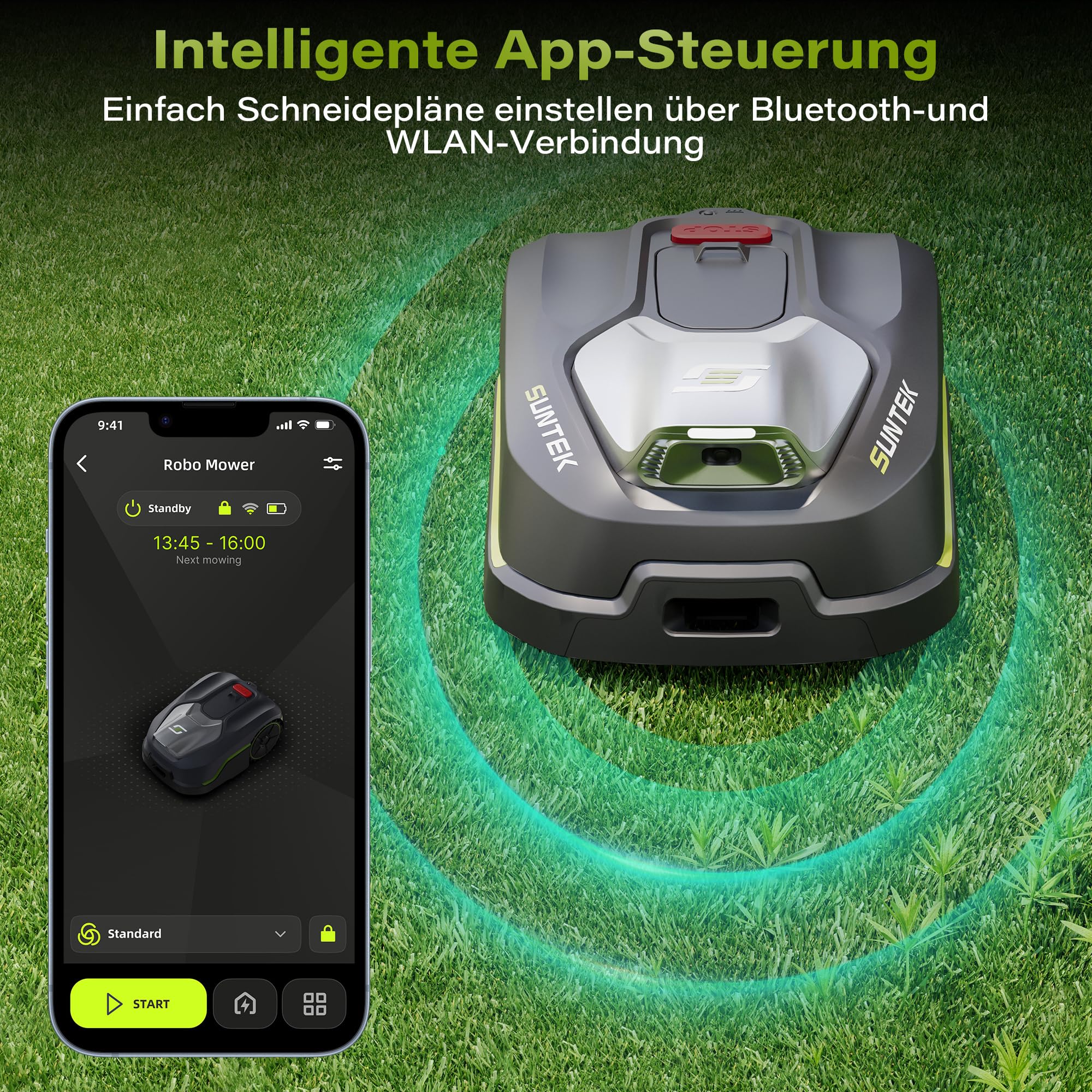 SUNTEK robotgrasmaaier zonder grensdraad AI Vision-camera, max. 600 m2, nauwkeurige obstakelvermijding, IPX5 waterbescherming,